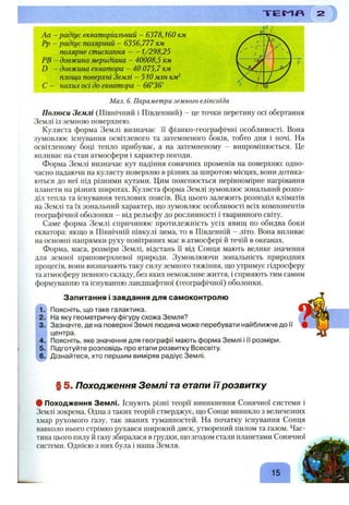 “Г Е Г Л П
Аа - радіус екваторіальний - 6378,160 км
Рр - радіус полярний - 6356,777 км
полярне стискання 1/298,25
РВ - довжина меридіана - 40008,5 км
D - довжина екватора - 40 075,7 км
площа поверхні Землі -5 1 0 млн км^
С - нахил осі до екватора - 66°36' І ^
Мал. 6. Параметри земного еліпсоїда
Полюси Землі (Північний і Південний) - це точки перетину осі обертання
Землі із земною поверхнею.
Куляста форма Землі визначає її фізико-географічні особливості. Вона
зумовлює існування освітленого та затемненого боків, тобто дня і ночі. На
освітленому боці тепло прибуває, а на затемненому - випромінюється. Це
впливає на стан атмосфери і характер погоди.
Форма Землі визначає кут падіння сонячних променів на поверхню: одно­
часно падаючи на кулясту поверхню в різних за широтою місцях, вони дотика­
ються до неї під різними кутами. Цим пояснюється нерівномірне нагрівання
планети на різних широтах. Куляста форма Землі зумовлює зональний розпо­
діл тепла та існування теплових поясів. Від цього залежить розподіл кліматів
на Землі та їх зональний характер, ш;о зумовлює особливості всіх компонентів
географічної оболонки - від рельєфу до рослинності і тваринного світу.
Саме форма Землі спричинює протилежність усіх явиш; по обидва боки
екватора: якщо в Північній півкулі зима, то в Південній - літо. Вона впливає
на основні напрямки руху повітряних мас в атмосфері й течій в океанах.
Форма, маса, розміри Землі, відстань її від Сонця мають велике значення
для земної приповерхневої природи. Зумовлюючи зональність природних
процесів, вони визначають таку силу земного тяжіння, ш;оутримує гідросферу
та атмосферу певного складу, без яких неможливе життя, і сприяють тим самим
формуванню та існуванню ландшафтної (географічної) оболонки.
Запитання і завдання для самоконтролю
Поясніть, що таке галактика.
На яку геометричну фігуру схожа Земля?
Зазначте, де на поверхні Землі людина може перебувати найближче до її
центра.
Поясніть, яке значення для географії мають форма Землі і її розміри.
Підготуйте розповідь про етапи розвитку Всесвіту.
Дізнайтеся, хто першим виміряв радіус Землі.
§ 5. Походження Землі та етапи її розвитку
# Походження Землі. Існують різні теорії виникнення Сонячної системи і
Землі зокрема. Одна з таких теорій стверджує, що Сонце виникло з величезних
хмар рухомого газу, так званих туманностей. На початку існування Сонця
навколо нього стрімко рухався широкий диск, утворений пилом та газом. Час­
тина цього пилу й газу збиралася в грудки, що згодом стали планетами Сонячної
системи. Однією з них була і наша Земля.
15
 