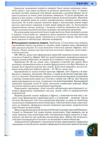 T E I ^ n
Грандіозні льодовикові покриття поверхні Землі значно змінювали кліма­
тичні умови і тим самим впливали на розвиток органічного світу. У процесі
еволюції постійно виникали нові форми організмів, а колишні форми, що не
пристосувалися до нових умов існування, вимирали. Ті групи організмів, що
вижили в цих умовах, у міжльодовикові періоди досягали розквіту. Протягом
багатьох мільйонів років на планеті накопичувалися залишки колись живих
організмів. На основі знахідок викопних форм у відкладеннях земних шарів
вдається простежити справжню історію живої природи (мал. 7). Застосування
радіоізотопного методу дозволяє з великою точністю визначити вік порід у
місцях залягання палеонтологічних залишків і вік викопних організмів.
На основі даних палеонтології всю історію життя на Землі поділяють на ери
й періоди. Геологічний час, тривалість якого визначено на підставі вивчення
радіоактивного розпаду урану, починаючи із сучасного періоду і йдучи в глиб
часів, наведено в таблиці (див. таблицю на форзаці).
# Походження і розвиток людини. Приблизно 1,5 млн років тому відбувся
еволюційний перехід від мавпи до людини, який отримав назву найдавнішої
(або ранньої) людини. Її сліди виявлено в багатьох країнах Африки, Азії і
Європи. Рання людина вже виготовляла нескладні знаряддя, уміла корис­
туватися вогнем.
100-300 тис. років тому сформувалася давня (або первісна) людина, яка роз­
селилася в Євразії та Африці. Цей тип людей називають неандертальським (за
назвою долини в Німеччині, де вперше було знайдено сліди ї"іперебування^.
Приблизно 30-40 тис. років тому утворився сучасний тип людей. Його
називають кроманьйонським за назвою французького села Кро-Маньйон, де
вперше було виявлено рештки цих людей. Деякі вчені вважають, що ця істо­
рична подія відбулася набагато раніше - 55-60 тис. років тому.
Кроманьйонці не тільки освоїли простори Африки, Азії і Європи, а й пере­
бралися в Америку, Австралію, Океанію, а також на величезні території, при­
леглі до Арктики. Переміщення людини полегшувалося великим зледенінням
і значним пониженням рівня вод Світового океану (до 130 м). Дно багатьох
морів перетворилося на сушу, утворилися численні перешийки. Кроманьйонці
навчилися будувати плоти й човни, оволоділи елементами навігації. Море
поступово втратило роль непереборної перешкоди.
Навколишнє середовище і різні способи забезпечення життєдіяльності зу­
мовили формування зовнішнього вигляду людей, тобто їх антропологічних
особливостей.
Перший расовий «поділ» відбувся в Африці, у північній частині якої у лю­
дини стали формуватися європеоїдні риси, а в південній - негроїдні. Гірські
системи Центральної Азії стали роздільним бар’єром, за яким на північному
сході почала утворюватися монголоїдна раса. Азіатські монголоїди, переселив­
шись до Америки, сформували місцеве індіанське населення, антропологічно
дуже близьке до монголоїдів.
Щодо походження жителів Австралії й Океанії тадеяких територій Південно-
Східної та Південної Азії думки вчених розділилися. Одні вважають, що це
лише південна гілка монголоїдів (або тихоокеанська гілка), опоненти ж пере­
конують, що йдеться про особливу австралоїдну расу. Дійсно, їхні антрополо­
гічні риси підтверджують близькість до негроїдної та монголоїдної рас.
Антропологічні особливості є результатом впливу навколишнього природного
середовищата способужиття людини ісформувалися внаслідок тривалої еволюції.
17
 