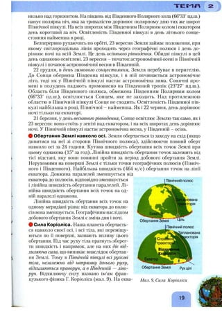 Т Е М Я
низько над горизонтом. На південь від Південного Полярного кола (66°33' пд.ш.)
панує полярна ніч, яка за тривалістю дорівнює полярному дню тих же широт
Північної півкулі. На всіх широтах між Південним Полярним колом і екватором
день коротший за ніч. Освітленість Південної півкулі в день літнього сонце­
стояння найменша в році.
Безперервно рухаючись по орбіті, 23 вересня Земля займає положення, при
якому світлороздільна лінія проходить через географічні полюси і день до­
рівнює ночі на всій Землі. Це день осіннього рівнодення. Обидві півкулі в цей
день однаково освітлені. 23 вересня - початок астрономічної осені в Північній
півкулі і початок астрономічної весни в Південній.
22 грудня, в день зимового сонцестояння, Земля перебуває в перигелію.
До Сонця обернена Південна півкуля, і в ній починається астрономічне
літо, тоді як у Північній півкулі настає астрономічна зима. Сонячні про­
мені в полудень падають прямовисно на Південний тропік (23°27' пд.ш.).
Область біля Південного полюса, обмежена Південним Полярним колом
(66°33' пд.ш.), освітлюється Сонцем, яке не заходить. Над протилежною
областю в Північній півкулі Сонце не сходить. Освітленість Південної пів­
кулі найбільша в році. Північної - найменша. Як і 22 червня, день дорівнює
ночі тільки на екваторі.
21 березня, у день весняного рівнодення, Сонце освітлює Землю так само, як і
23 вересня: воно стоїть у зеніті над екватором, і на всіх широтах день дорівнює
ночі. У Північній півкулі настає астрономічна весна, у Південній - осінь.
# Обертання Землі навколо осі. Земля обертається із заходу на схід (якш,о
дивитися на неї зі сторони Північного полюса), здійснюючи повний оберт
навколо осі за 24 години. Кутова швидкість обертання всіх точок Землі при
цьому однакова (15° за год). Лінійна швидкість обертання точок залежить від
тієї відстані, яку вони повинні пройти за період добового обертання Землі.
Нерухомими па поверхні Землі є тільки точки географічних полюсів (Північ­
ного і Південного). Найбільша швидкість (464 м/с) обертання точок па лінії
екватора. Довжина паралелей зменшується від
екватора до полюсів, відповідно зменшується
і лінійна швидкість обертання паралелей. Лі­
нійна швидкість обертання всіх точок на од­
ній паралелі однакова.
Лінійна швидкість обертання всіх точок на
одному меридіані різна: від екватора до полю­
сів вона зменшується. Географічним наслідком
добового обертання Землі є зміна дня і ночі.
# Сила Коріоліса. Наша планета обертаєть­
ся навколо своєї осі, і всі тіла, які переміщу­
ються по її поверхні, зазнають впливу цього
обертання. Під час руху тіла прагнуть зберег­
ти швидкість і напрямок, але на них діє від­
хиляюча сила, що виникає внаслідок обертан­
ня Землі. Тому в Північній півкулі всі рухомі
тіла, незалежно від напрямку їхнього руху,
відхиляються праворуч, а в Південній —ліво­
руч. Відхиляючу силу названо ім’ям фран­
цузького фізика Г. Коріоліса (мал. 9). На еква-
Північний полюс
Обертання Землі
Північний полюс
іапланована
ієіаорія
Обертання Землі р>ухцілі
Мал. 9. Сила Коріоліса
19
 