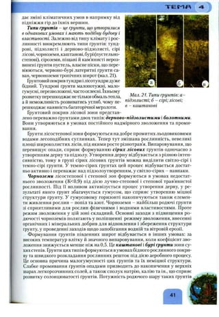 T E I ^ n
Мал. 21. Типи ґрунтів: а -
підзолисті; б - сірі; лісові;
в - каштанові
дає зміні кліматичних умов в напрямку від
підніжжя гір до їхніх вершин.
Типи ґрунтів - це ґрунти, що утворилися
в однакових умовах і мають подібну будову і
властивості. Залежно від типу клімату і рос­
линності виокремлюють типи ґрунтів: тунд­
рові, підзолисті і дерново-підзолисті, сірі
лісові,чорноземи, каштанові, бурі (пустельно-
степові), сіроземи, піщані й кам’янисті нероз-
винені ґрунти пустель, власне піски, що пере­
віюються, червоно-бурі латеритні ґрунти са­
ван, червоноземи тропічних широт (мал. 21).
Ґрунтовий покрив тундри ілісотундри дуже
бідний. Тундрові ґрунти малопотужні, мало-
гумусні, перезволожені, часто оглеєні. їхньому
розвитку перешкоджає нетільки обмаль тепла,
а й неможливість розвиватись углиб, чому пе­
решкоджає наявність багаторічної мерзлоти.
Ґрунтовий покрив лісової зони представ­
лено переважно ґрунтами двох типів: дерново-підзолистими і болотними.
Вони утворюються в умовах постійного надмірного зволоження та проми­
вання.
Ґрунти лісостепової зони формуються на добре промитих льодовиковими
водами лесоподібних суглинках. Тепер тут змішана рослинність, невеликі
площі широколистих лісів, під якими росте різнотрав’я. Випаровування, що
перевищує опади, сприяє формуванню сірих лісових ґрунтів одночасно з
утворенням дерну та підзолу. Утворення дерну відбувається з різною інтен­
сивністю, тому в групі сірих лісових ґрунтів можна виділити світло-сірі і
темно-сірі ґрунти, у темно-сірих ґрунтах цей процес відбувається достат­
ньо активно і переважає над підзолоутворенням, у світло-сірих - навпаки.
Чорноземи лісостепової і степової зон формуються в умовах недостат­
нього зволоження (К<0,9) під дією лучно-степової і степової трав’янистої
рослинності. Під її впливом активізується процес утворення дерну, у ре­
зультаті якого ґрунт збагачується гумусом, що сприяє утворенню міцної
структури ґрунту, у гумусовому горизонті накопичуються також елемен­
ти живлення рослин - попіл та азот. Чорноземи - найбільш родючі ґрунти
зі сприятливими для рослин фізичними і водними властивостями. Проте
режим зволоження у цій зоні складний. Основні заходи з підвищення ро­
дючості чорноземів полягають у поліпшенні режиму зволоження, внесенні
органічних і мінеральних добрив для відновлення і збереження структури
ґрунту, у проведенні заходів щодо запобігання водній та вітровій ерозії.
Формування ґрунтів південних широт відбувається в інших умовах: за
високих температур влітку й значного випаровування, коли коефіцієнт зво­
ложення знижується менше ніж на 0,5. Це каштанові і бурі ґрунти зони су­
хих степів. Ґрунти цих типів формуються в умовах бідного рослинного покри­
ву та швидкого розкладання рослинних решток під дією аеробного процесу.
Це основна причина малогумусності цих ґрунтів та їх неміцної структури.
Слабке промивання ґрунтів опадами призводить до накопичення у верхніх
шарах легкорозчинних солей, а також сполук натрію, калію та ін., що сприяє
розвитку солонцюватості ґрунтів. Потужність родючого шару таких ґрунтів
41
 