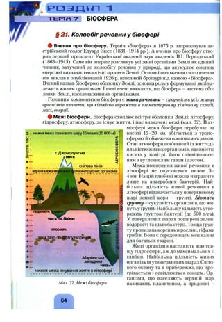 Р О З Л І Ь П 1
нижня межа озонового шару (близько 20 000 м)
Т Е М П -7 БІОСФЕРА
§ 21. Колообіг речовин у біосфері
ф Вчення про біосферу. Термін «біосфера» в 1875 р. запропонував ав­
стрійський геолог Едуард Зюсс (1831-1914 pp.). А вчення про біосферу ство­
рив перший президент Української академії наук академік В.І. Верпадський
(1863-1945). Саме він вперше розглянув усі живі організми Землі як єдиний
чинник, залучений до колообігу речовин у природі, що акумулює сонячну
енергію і визначає геологічні процеси Землі. Основні положення свого вчення
він виклав в опублікованій 1926 р. невеликій брошурі під назвою «Біосфера».
Вчений назвав біосферою оболонку Землі, основна роль у формуванні якої на­
лежить живим організмам. І нині вчені вважають, що біосфера - частина обо­
лонки Землі, населена живими організмами.
Головним компонентом біосфери є жива речовина - сукупність усіх живих
організмів планети, що кількісно виражена в елементарному хімічному складі,
масі, енергії.
# Межі біосфери. Біосфера охоплює всі три оболонки Землі: літосферу,
гідросферу, атмосферу, де існує життя, і має визначені межі (мал. 32). В ат­
мосфері межа біосфери перебуває на
висоті 15-20 км, збігається з тропо­
сферою й обмежена озоновим екраном.
Стан атмосфери пов’язаний із життєді­
яльністю живих організмів, наявністю
кисню у повітрі, його співвідношен­
ням з вуглекислим газом і азотом.
Межа поширення живої речовини в
літосфері не опускається нижче 3-
4 км. На цій глибині можна натрапити
лише на анаеробних бактерій. Най­
більша щільність живої речовини в
літосфері відзначається у поверхневому
шарі земної кори - ґрунті. Біомаса
ґрунту - сукупність організмів, що жи­
вуть у ґрунті. Найбільшу кількість утво­
рюють ґрунтові бактерії (до 500 т/га).
У поверхневих шарах поширені зелені
водорості та ціанобактерії. Товща ґрун­
ту пронизана коренями рослин, гіфами
грибів. Вона є середовищем мешкання
для багатьох тварин.
Живі організми населяють всю тов­
щу гідросфери, аж до максимальних її
глибин. Найбільша щільність живих
організмів у поверхневих шарах Світо­
вого океану та в прибережжі, що про­
грівається і освітлюється сонцем. Ор­
ганізми, що населяють верхній шар,
називають планктоном, а придонні -Мал. 32. Межі біосфери
ґ 
64
 