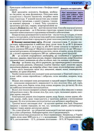 Доведіть чи спростуйте
• Різні екосистеми мають
J різні типи стійкості. Крім
J того, деякі типи екоси-
• стем мають здатність по-
J новлюватися після руйну-
• вання.
Прикладом глобальної екосистеми є біосфера нашої
планети.
Щоб зрозуміти цілісність біосфери, необхід­
но з’ясувати, як вона функціонує. Оскільки вона
складається з безлічі екосистем, потрібно знати
їхню структуру. У кожній екосистемі два основні
компоненти: організми, з однієї сторони, і чинни­
ки неживої природи - з іншої. Таку сукупність
організмів (рослин, тварин, мікроорганізмів) на­
зивають біотою (від лат. bio - життя) екосистеми. Способи взаємодії різних
категорій організмів - це її біотична структура; неживі (хімічні і фізичні)
чинники навколишнього середовища називають абіотичними.
Попри велику різноманітність екосистем - від пустель до тундри, усі вони
мають спільні риси, усім їм властива приблизно однакова біотична структу­
ра (у кожній екосистемі є продуценти, різні типи консументів і редуцентів).
# Основні екосистеми світу. Л і с о в і е к о с и с т е м и , у лісових еко­
системах найпоширеніші й найбільш цінні лісові типи, бо це 80 % фітомаси
Землі, або 1960 млрд т, це 4 млрд га, або ЗО % площі суходолу із середнім за­
пасом деревини 350 млрд м^. Щорічно в процесі фотосинтезу ліс дає 100 млрд т
органічної речовини, відтворюються кислоти, смоли, вітаміни, цукор, фітонци­
ди, з лісової сировини отримують 200 тис. найменувань різної продукції.
Ліс - це елемент географічного ландшафту, що складається із сукупності
деревних, кущових, трав’янихрослин, тварин і мікроорганізмів, котрі біологічно
взаємопов’язані і впливають як один на одного, так і на зовнішнє середовище.
Тип лісу - це ділянка лісу, або їх сукупність, щохарактеризується загальними
лісорослинними умовами, однаковіш складом деревних порід, кількістю ярусів,
аналогічною формою, що потребує одних і тих самих лісогосподарських заходів.
Існує шість зональних типів лісу: шпилькові, мішані, вологі, екваторіальні,
тропічні, ліс сухих областей.
Хвойні (шпилькові) ліси холодної зони розташовані в Північній півкулі та
в зоні тайги: ялина європейська і сибірська, сосна звичайна, модрина, кедр,
ялиця.
Мішані ліси помірної зони розташовані в середній широті Північної півку­
лі - шпильково-широколисті, широколисті та ліси лісостепу (бук, дуб, горіх,
каштан, липа, клен, береза, сосна, кедр, ялиця, модрина, туя, дугласія). Це ліси,
які найбільш інтенсивно експлуатуються.
Вологі ліси теплого помірного клімату трапляються в обох півкулях і в межах
субтропічного поясу. Це соснові ліси, бук, ясен, горіх, тюльпанне дерево, папе­
рове дерево, евкаліпт.
Екваторіальні дощові ліси (червоне дерево, кедр, бальса, зелене дерево, ебе­
нове дерево, лімбо, ірокс тощо) ростуть у тропічних районах з інтенсивними
опадами. Ці ліси інтенсивно експлуатуються для меблевого виробництва.
Тропічні вологі листопадні ліси - це мусонні тропічні ліси Індії, Південної
Америки з такими породами, як тик, сал, трояндове дерево, диптерекарпус,
червоне і чорне дерево, ангольське дерево.
Ліс сухих областей - це субтропічні шпилькові й листяні дерева та чагарни­
ки в сухих субтропіках. Найхарактерніші ліси Середземномор’я.
Лісові екосистеми розподілені по Землі нерівномірно. Наприклад, в Україні
вкрито лісом лише 5020 мли га, у т. ч. молодниками - 53 %, середньовіковими -
26 %, достигаючими - 12 %, діловими лісостанами - 10 %. В Україні існує три
67
 