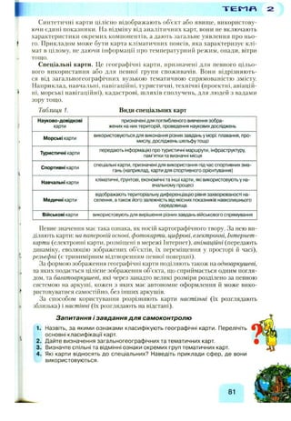 Т Г Є І ^ Л
Синтетичні карти цілісно відображають об’єкт або явище, використову­
ючи єдині показники. На відміну від аналітичних карт, вони не включають
характеристики окремих компонентів, а дають загальне уявлення про ньо­
го. Прикладом може бути карта кліматичних поясів, яка характеризує клі­
мат в цілому, не даючи інформації про температурниіі режим, опади, вітри
тощо.
С пеціальні ка рти . Це географічні карти, призначені для певного цільо­
вого використання або для певної групи споживачів. Вони відрізняють­
ся від загальногеографічних вузькою тематичною спрямованістю змісту.
Наприклад, навчальні, навігаційні, туристичні, технічні (проектні, авіацій­
ні, морські навігаційні), кадастрові, шляхів сполучень, для людей з вадами
зору тощо.
Таблиця 1. Види спеціальних карт
Науково-довідкові
карти
призначені для поглибленого вивчення зобра­
жених на них територій, проведення наукових досліджень
f
Морські карти
використовуються для виконання різних завдань у морі: плавання, про­
мислу, досліджень шельфу тощо
Туристичні карти
передають інформацію про туристичні маршрути, Інфраструктуру,
пам’ятки та визначні місця
Спортивні карти
спеціальні карти, призначені для використання під час спортивних зма­
гань (наприклад, карти для спортивного орієнтування)
Навчальні карти
кліматичні, ґрунтові, економічні та Інші карти, які використовують у на­
вчальному процесі
Медичні карти
відображають територіальну диференціацію рівня захворюваності на­
селення, а також його залежність від якісних показників навколишнього
середовища
Військові карти використовують для вирішення різних завдань військового спрямування
Певне значення має така ознака, як носій картографічного твору. За нею ви­
діляють карти: на паперовій основі, фотокарти, цифрові, електронні, Інтернет-
карти (електронні карти, розміщені в мережі Інтернет), анімаційні (передають
динаміку, еволюцію зображених об’єктів, їх переміщення у просторі й часі),
рельєфні (є тривимірним відтворенням певної поверхні).
За формою зображення географічні карти поділяють також на одноаркушеві,
на яких подається цілісне зображення об’єкта, що сприймається одним погля­
дом, та багатоаркушеві, які через занадто великі розміри розділено за невною
системою на аркуші, кожен з яких має автономне оформлення й може вико­
ристовуватися самостійно, без інших аркушів.
За способом користування розрізняють карти настільні (їх розглядають
зблизька) і настінні (їх розглядають на відстані).
Запитання і завдання для самоконтролю
1. Назвіть, за якими ознаками класифікують географічні карти. Перелічіть
основні класифікації карт.
2. Дайте визначення загальногеографічних та тематичних карт.
3. Визначте спільні та відмінні ознаки окремих груп тематичних карт.
4. Які карти відносять до спеціальних? Наведіть приклади сфер, де вони
використовуються.
81
 