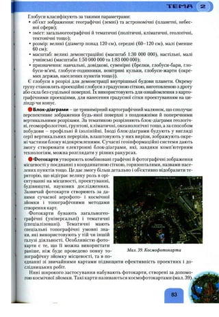Т Е т Д
Глобуси ісласифікують за такими параметрами:
• об’єкт зображення: географічні (земні) та астрономічні (планетні, небес­
ної сфери);
• зміст: загальногеографічні й тематичні (політичні, кліматичні, геологічні,
тектонічні тощо);
• розмір: великі (діаметр понад 120 см), середні (60-120 см), малі (менше
60 см);
• масштаб: великі демонстраційні (масштаб 1:30 000 000), настільні, малі
учнівські (масштаби 1:50 000 000 та 1:83 000 000);
• призначення: навчальні, довідкові, сувенірні (брелки, глобуси-бари, гло-
буси-м’ячі, глобуси-годинники, повітряні кульки, глобуси-жарти (окре­
мих держав, населених пунктів тощо)).
Є глобуси в розрізі для демонстрації внутрішньої будови планети. Окрему
фупу становлять проекційні глобуси з градусною сіткою, виготовленою з дроту
або скла без суцільної поверхні. їх використовують для ознайомлення з карто­
графічними проекціями, для нанесення градусної сітки проектуванням на ци­
ліндр чи конус.
ф Блок-діаграми - це тривимірний картографічний малюнок, що сполучає
перспективне зображення будь-якої поверхні з поздовжніми й поперечними
вертикальними розрізами. За тематикою розрізняють блок-діаграми геологіч­
ні, геоморфологічні, ґрунтові, кліматичні, океанологічні тощо, а за способом
побудови - профільні й ізолінійні. Іноді блок-діаграми будують у вигляді
серії вертикальних перерізів, влаштовують у них вирізи, зображують окре­
мі частини блоку відокремленими. Сучасні геоінформаційні системи дають
змогу створювати електронні блок-діаграми, які, завдяки комп’ютерним
технологіям, можна розглядати у різних ракурсах.
• Фотокарти утворюють комбіновані графічні й фотографічні зображення
місцевості у поєднанні з координатною сіткою, горизонталями, назвами насе­
лених пунктів тощо. Це дає змогу більш детально і об’єктивно відобразити те­
риторію, що відіграє велику роль в орі­
єнтуванні на місцевості, проектуванні,
будівництві, наукових дослідженнях.
Зазвичай фотокарти створюють за да­
ними сучасної аерофото- і космічної
зйомки і топографічними методами
створення карт.
Фотокарти бувають загальногео­
графічні (універсальні) і тематичні
(спеціалізовані). Тематичні мають
спеціальні топографічні умовні зна­
ки, які використовують у тій чи іншій
галузі діяльності. Особливістю фото­
карти є те, що її можна використати
раніше, ніж буде проведено повну то­
пографічну зйомку місцевості, та в по­
єднанні зі звичайними картами підвищити ефективність проектних і до­
слідницьких робіт.
Нині широкого застосування набувають фотокарти, створені за допомо­
гоюкосмічної зйомки. Такі карти називаються космофотокартами (мал. 39)
83
Мал. 39. Космофотокарта
 
