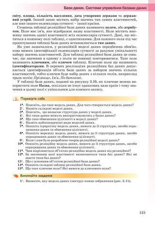 125
світу, площа, кількість населення, дата утворення держави та держав-
ний устрій. Інший запис містить набір значень тих самих властивостей,
але вже іншого екземпляра сутності – іншої країни.
Стовпець таблиці реляційної бази даних називають полем, або атрибу-
том. Поле має ім’я, яке відображає назву властивості. Поле містить мно-
жину значень однієї властивості всіх екземплярів сутності. Дані, що міс-
тяться в кожному полі таблиці, є однотипними. Для кожного поля під час
проектування таблиці бази даних встановлюється тип даних.
Як уже зазначалося, у реляційній моделі даних передбачена обов’яз-
кова вимога ідентифікації екземплярів сутності за рахунок унікальності
набору значень властивостей. Для таблиці реляційної бази даних це озна-
чає, що значення в одному з полів не повинні повторюватися. Таке поле
називають ключовим, або ключем таблиці. Ключові поля ще називають
ідентифікаторами. В окремих реалізаціях реляційних баз даних допус-
кається ідентифікація об’єкта бази даних за набором значень кількох
властивостей, тобто ключем буде набір даних з кількох полів, наприклад
трьох полів: Прізвище, Ім’я, По батькові.
У таблиці бази даних, поданої на рисунку 3.10, як ключове можна ви-
користати поле Назва, оскільки не існує однакових назв країн і тому зна-
чення в цьому полі є унікальним для кожного запису.
1. Поясніть, що таке модель даних. Для чого створюється модель даних?
2. Назвіть складові моделі даних.
3. Поясніть, що визначає структура даних у моделі даних.
4. Які типи даних можуть використовуватись у базах даних?
5. Що таке обмеження цілісності в моделі даних?
6. Назвіть найпоширеніші види моделей даних.
7. Опишіть ієрархічну модель даних, вимоги до її структури, засоби опра-
цювання даних та обмеження цілісності.
8. Опишіть мережну модель даних, вимоги до її структури даних, засоби
опрацювання даних та обмеження цілісності.
9. Коли і ким було розроблено теорію реляційної моделі даних?
10. Опишіть реляційну модель даних, вимоги до її структури даних, засоби
опрацювання даних та обмеження цілісності.
11. Чим відрізняється об’єктно-реляційна модель даних від реляційної?
12. За значенням якої властивості визначаються типи баз даних? Які ви
знаєте типи баз даних?
13. Що є основним об’єктом реляційної бази даних?
14. Опишіть складові таблиці реляційної бази даних.
15. Що таке ключове поле? Які вимоги до ключового поля?
1. Визначте, яку модель даних ілюструє кожне зображення (рис. 3.11).
Ryvkind_159_10_Inform_akdm_11ukr_v.indd 125Ryvkind_159_10_Inform_akdm_11ukr_v.indd 125 21.07.2011 17:44:3421.07.2011 17:44:34
 