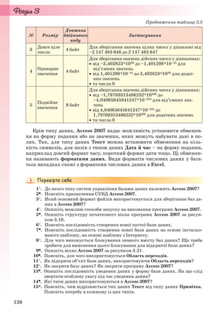 138
№ Розмір
Довжина
двійкового
коду
Застосування
3
Довге ціле
число
4 байт
Для зберігання значень цілих чисел у діапазоні від
–2 147 483 648 до 2 147 483 647
4
Одинарне
значення
4 байт
Для зберігання значень дійсних чисел у діапазонах:
 від –3,402823*1038 до –1,401298*10–45 для
від’ємних значень
 від 1,401298*10–45 до 3,402823*1038 для додат-
них значень
 та числа 0
5
Подвійне
значення
8 байт
Для зберігання значень дійсних чисел у діапазонах:
 від –1,79769313486232*10308 до
–4,94065645841247*10–324 для від’ємних зна-
чень
 від 4,94065645841247*10–324 до
1,79769313486232*10308 для додатних значень
 та числа 0
Крім типу даних, Access 2007 надає можливість установити обмежен-
ня на форму подання або на значення, яких можуть набувати дані в по-
лях. Так, для типу даних Текст можна встановити обмеження на кіль-
кість символів, для полів з типом даних Дата й час – на форму подання,
наприклад довгий формат часу, короткий формат дати тощо. Ці обмежен-
ня називають форматами даних. Види форматів числових даних у бага-
тьох випадках схожі з форматами числових даних в Excel.
1. До якого типу систем управління базами даних належить Access 2007?
2. Поясніть призначення СУБД Access 2007.
3. Який основний формат файлів використовується для зберігання баз да-
них в Access 2007?
4. Опишіть можливі способи запуску на виконання програми Access 2007.
5. Опишіть структуру початкового вікна програми Access 2007 за рисун-
ком 3.18.
6. Поясніть послідовність створення нової пустої бази даних.
7. Поясніть послідовність створення нової бази даних на основі інстальо-
ваного шаблону, на основі шаблону з Інтернету.
8. Для чого виконується блокування певного вмісту баз даних? Що треба
зробити для вимкнення цього блокування для відкритої бази даних?
9. Опишіть вікно Access 2007 за рисунком 3.21.
10. Поясніть, для чого використовується Область переходів.
11. Як відкрити об’єкт бази даних, використовуючи Область переходів?
12. Як закрити базу даних? Як закрити програму Access 2007?
13. Опишіть послідовність уведення даних у форму бази даних. На що слід
звертати особливу увагу під час уведення даних?
14. Які типи даних використовуються в Access 2007?
15*. Поясніть, чим відрізняється тип даних Текст від типу даних Примітка.
Поясніть потребу в кожному із цих типів.
Продовження таблиці 3.3
Ryvkind_159_10_Inform_akdm_11ukr_v.indd 138Ryvkind_159_10_Inform_akdm_11ukr_v.indd 138 21.07.2011 17:44:3621.07.2011 17:44:36
 