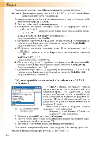 14
Розглянемо використання Калькулятора на такому прикладі:
Задача 1. Дано сторони трикутника: AB  7,2, BC  11,2, AC  9,85. Обчис-
лити міри його кутів (у радіанах).
Для розв’язування даної задачі потрібно виконати таку послідовність дій:
1. Запустити програму GRAN1.
2. Виконати Операції  Калькулятор.
3. Обчислити значення косинуса кута A за формулою: cosA 
, увівши в поле Вираз таку послідовність симво-
лів (7.2^2+9.85^2-11.2^2)/(2*7.2*9.85) (рис. 1.7).
Результат обчислень: 0.1651.
4. Обчислити міру кута А (у радіанах) за формулою А  arccos(cos(A)),
увівши в поле Вираз таку послідовність символів AСos(0.1651).
Результат обчислень: 1.405.
5. Обчислити значення косинуса кута B за формулою: cosB 
, увівши в поле Вираз таку послідовність символів
9.85*Sin(1.405)/11.2.
Результат обчислень: 0.8674.
6. Обчислити міру кута B (у радіанах) за формулою: В  arcsin(sin(B)),
увівши в поле Вираз таку послідовність символів ASin(0.8674).
Результат обчислень: 1.05.
7. Обчислити міру кута C (у радіанах) за формулою: C   – A – B,
увівши в поле Вираз таку послідовність символів Pi-1.405-1.05.
Результат обчислень: 0.687.
Побудова графіків залежностей між змінними у GRAN1
та їх аналіз
У GRAN1 можна побудувати графіки
восьми основних типів залежностей між
змінними (рис. 1.8). Одночасно у вікні
можна відобразити до п’яти графіків, усі
вони автоматично малюються різними ко-
льорами. Колір ліній кожного об’єкта ві-
дображається у вікні Список об’єктів біля
рівняння функції.
Загальний алгоритм побудови графіка
залежності між змінними:
1. Вибрати у вікні Список об’єктів тип
залежності між змінними.
2. Вибрати у меню Об’єкт команду Створити.
3. Увести у поле діалогового вікна Введення виразу залежності відпо-
відний вираз і вибрати кнопку ОК.
4. Вибрати у меню Графік команду Побудувати графік.
Розглянемо алгоритм побудови графіка функції на такому прикладі.
Задача 2. Побудувати графік функції y  |x2 – 8|x| + 7|.
Рис. 1.8. Типи залежностей
між змінними
Ryvkind_159_10_Inform_akdm_11ukr_v.indd 14Ryvkind_159_10_Inform_akdm_11ukr_v.indd 14 21.07.2011 17:44:2221.07.2011 17:44:22
 