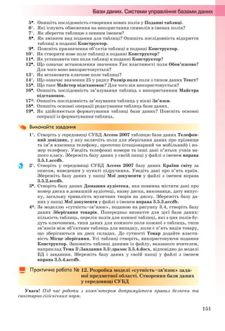 151
5. Опишіть послідовність створення нових полів у Поданні таблиці.
6. Які існують обмеження на використання символів в іменах полів?
7. Як зберегти таблицю з певним іменем?
8. Як змінити вид подання для таблиці? Опишіть послідовність відкриття
таблиці в поданні Конструктор.
9. Поясніть призначення об’єктів таблиці в поданні Конструктор.
10. Як створити нове поле таблиці в поданні Конструктор?
11. Як установити тип поля таблиці в поданні Конструктор?
12. Що означає встановлення значення Так властивості поля Обов’язково?
Для чого воно використовується?
13. Як встановити ключове поле таблиці?
14. Що означає значення 25 у рядку Розмір поля поля з типом даних Текст?
15. Що таке Майстер підстановок? Для чого він використовується?
16. Опишіть послідовність зв’язування таблиць з використанням Майстра
підстановок.
17*. Опишіть послідовність зв’язування таблиць у вікні Зв’язки.
18. Опишіть основні операції редагування таблиць бази даних.
19. Як здійснюється форматування таблиці бази даних? Поясніть основні
операції із форматування таблиць.
1. Створіть у середовищі СУБД Access 2007 таблицю бази даних Телефон-
ний довідник, у яку включіть поля для зберігання даних про прізвище
та ім’я власника телефону, прототип (стаціонарний чи мобільний) і но-
мер телефону. Уведіть телефонні номери та інші дані п’ятьох учнів ва-
шого класу. Збережіть базу даних у своїй папці у файлі з іменем вправа
3.5.1.accdb.
2. Створіть у середовищі СУБД Access 2007 базу даних Країни світу за
описом, наведеним у пункті підручника. Уведіть дані про п’ять країн.
Збережіть базу даних у папці Мої документи у файлі з іменем вправа
3.5.2.accdb.
3. Створіть базу даних Домашня аудіотека, яка повинна містити дані про
номер диска в домашній аудіотеці, назву диска, виконавця, дату випус-
ку, загальну тривалість музичних творів на диску. Збережіть базу да-
них у папці Мої документи у файлі з іменем вправа 3.5.3.accdb.
4*. За моделлю «сутність–зв’язок», поданою на рисунку 3.4, створіть базу
даних Зберігання товарів. Попередньо визначте для цієї бази даних:
кількість таблиць, перелік полів для кожної таблиці, які з цих полів бу-
дуть ключовими, типи даних для кожного поля кожної з таблиць, типи
зв’язків між об’єктами таблиць для випадку, коли є п’ять видів товару,
що зберігаються на двох складах. До сутності Товар додайте власти-
вість Місце зберігання. Усі таблиці створіть, використовуючи подання
Конструктор. Заповніть таблиці даними із файлу, вказаного вчителем,
наприклад Тема 3Завдання 3.5зразок 3.5.4.docx, відповідно до моделі
БД і завдання. Збережіть базу даних у своїй папці у файлі з іменем
вправа 3.5.4.accdb.
12. Розробка моделі «сутність–зв’язок» зада-
ної предметної області. Створення бази даних
у середовищі СУБД
Увага! Під час роботи з комп’ютером дотримуйтеся правил безпеки та
санітарно-гігієнічних норм.
Ryvkind_159_10_Inform_akdm_11ukr_v.indd 151Ryvkind_159_10_Inform_akdm_11ukr_v.indd 151 21.07.2011 17:44:3921.07.2011 17:44:39
 