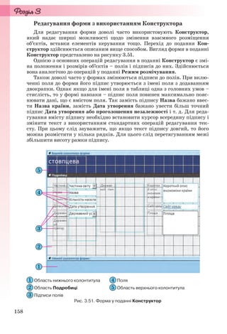 158
Редагування форми з використанням Конструктора
Для редагування форми доволі часто використовують Конструктор,
який надає ширші можливості щодо змінення взаємного розміщення
об’єктів, вставки елементів керування тощо. Перехід до подання Кон-
структор здійснюється описаним вище способом. Вигляд форми в поданні
Конструктор представлено на рисунку 3.51.
Однією з основних операцій редагування в поданні Конструктор є змі-
на положення і розмірів об’єктів – полів і підписів до них. Здійснюється
вона аналогічно до операцій у поданні Режим розмічування.
Також доволі часто у формах змінюються підписи до полів. При вклю-
ченні поля до форми його підпис утворюється з імені поля з додаванням
двокрапки. Однак якщо для імені поля в таблиці одна з головних умов –
стислість, то у формі навпаки – підпис поля повинен максимально пояс-
нювати дані, що є вмістом поля. Так замість підпису Назва бажано ввес-
ти Назва країни, замість Дата утворення бажано увести більш точний
підпис Дата утворення або проголошення незалежності і т. д. Для реда-
гування вмісту підпису необхідно встановити курсор всередину підпису і
змінити текст з використанням стандартних операцій редагування тек-
сту. При цьому слід зауважити, що якщо текст підпису довгий, то його
можна розмістити у кілька рядків. Для цього слід перетягуванням межі
збільшити висоту рамки підпису.
Область нижнього колонтитула Поля
Область Подробиці Область верхнього колонтитула
Підписи полів
Рис. 3.51. Форма у поданні Конструктор
Ryvkind_159_10_Inform_akdm_11ukr_v.indd 158Ryvkind_159_10_Inform_akdm_11ukr_v.indd 158 21.07.2011 17:44:4121.07.2011 17:44:41
 