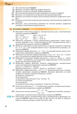 18
7. Як очистити вікно Графік?
8. Наведіть алгоритм побудови графіка функції.
9. Наведіть алгоритм побудови графіка рівняння.
10. Які дослідження функції можна здійснити на основі її графіка?
11. Поясніть, як визначити нулі функції. Екстремуми функції?
12. Наведіть загальний алгоритм розв’язування рівняння графічним спосо-
бом.
13. Наведіть загальний алгоритм розв’язування системи рівнянь графічним
способом.
14. Поясніть, чому розв’язання рівняння чи системи рівнянь графічним
способом і аналітичним відрізняються.
1. Виконайте обчислення виразів, використовуючи одну з математичних
програм, наприклад GRAN1:
а) y  cos2x при х  0; 1; 1,57;
б) y  х2 – 4|х| + 3 при x  –3; 3;
в) y  1/(x2 – 3) при x  –2; 0; 15.
2. Обчисліть периметр і площу прямокутного трикутника, якщо один з
катетів дорівнює 7 см, а протилежний кут 60, використовуючи одну з
математичних програм, наприклад GRAN1.
3. Обчисліть периметр і площу трикутника за трьома заданими сторонами
(a  7, b  5, c  8), використовуючи одну з математичних програм, на-
приклад GRAN1.
4. Побудуйте графік функції y  x4 – 5 x2 + 3 з використанням одного з ма-
тематичних процесорів, наприклад GRAN1.
5. Побудуйте послідовно графіки функцій y  |х|, y  |х + 1|, y  |х| + 1. Пояс-
ніть, як змінюється графік функції та його розташування.
6. Побудуйте послідовно графіки функцій y  sinx, y  2sinx, y  sin2x,
y  sin(x + 2). Поясніть, як змінюється графік функції та його розташу-
вання при зміненні коефіцієнтів.
7*. Побудуйте графіки функцій, заданих параметрично, використавши
один з математичних процесорів, наприклад GRAN1:
а) коло: x  10cosT, y  10sinT;
б) равлик Паскаля: x  5cos2T + 3cosT, y  5cosTsinT + 3sinT.
8. Побудуйте графік функції у  |х3| + х + 7, використавши один з матема-
тичних процесорів, наприклад GRAN1. Дослідіть функцію на основі
графіка за планом і запишіть відповіді у зошит:
а) парність, непарність;
б) нулі функції;
в) проміжки знакосталості: 1) y > 0; 2) y < 0;
г) точки екстремумів;
д) екстремуми;
е) проміжки зростання та спадання: 1) зростає; 2) спадає.
9. Розв’яжіть рівняння графічним способом, використавши один з
математичних процесорів, наприклад GRAN1.
10*. Розв’яжіть систему рівнянь графічним способом, викорис-
тавши один з математичних процесорів, наприклад GRAN1.
11*. Розв’яжіть задачу, використавши один з математичних процесорів, на-
приклад GRAN1. Дано точки: A(0; 1), B(1; 0), C(1; 2), D(2; 1). Доведіть
рівність довжин векторів: а) AB і CD; б) AС і ВD.
Ryvkind_159_10_Inform_akdm_11ukr_v.indd 18Ryvkind_159_10_Inform_akdm_11ukr_v.indd 18 21.07.2011 17:44:2221.07.2011 17:44:22
 