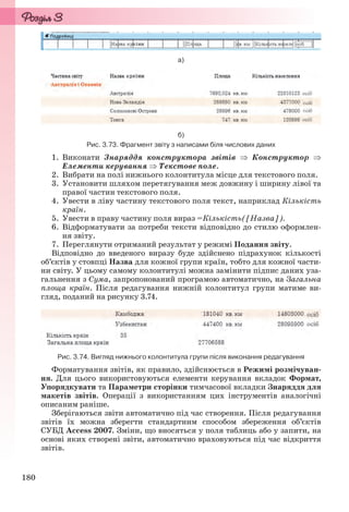 180
а)
б)
Рис. 3.73. Фрагмент звіту з написами біля числових даних
1. Виконати Знаряддя конструктора звітів  Конструктор 
Елементи керування  Текстове поле.
2. Вибрати на полі нижнього колонтитула місце для текстового поля.
3. Установити шляхом перетягування меж довжину і ширину лівої та
правої частин текстового поля.
4. Увести в ліву частину текстового поля текст, наприклад Кількість
країн.
5. Увести в праву частину поля вираз =Кількість([Назва]).
6. Відформатувати за потреби тексти відповідно до стилю оформлен-
ня звіту.
7. Переглянути отриманий результат у режимі Подання звіту.
Відповідно до введеного виразу буде здійснено підрахунок кількості
об’єктів у стовпці Назва для кожної групи країн, тобто для кожної части-
ни світу. У цьому самому колонтитулі можна замінити підпис даних уза-
гальнення з Сума, запропонований програмою автоматично, на Загальна
площа країн. Після редагування нижній колонтитул групи матиме ви-
гляд, поданий на рисунку 3.74.
Рис. 3.74. Вигляд нижнього колонтитула групи після виконання редагування
Форматування звітів, як правило, здійснюється в Режимі розмічуван-
ня. Для цього використовуються елементи керування вкладок Формат,
Упорядкувати та Параметри сторінки тимчасової вкладки Знаряддя для
макетів звітів. Операції з використанням цих інструментів аналогічні
описаним раніше.
Зберігаються звіти автоматично під час створення. Після редагування
звітів їх можна зберегти стандартним способом збереження об’єктів
СУБД Access 2007. Зміни, що вносяться у поля таблиць або у запити, на
основі яких створені звіти, автоматично враховуються під час відкриття
звітів.
Ryvkind_159_10_Inform_akdm_11ukr_v.indd 180Ryvkind_159_10_Inform_akdm_11ukr_v.indd 180 21.07.2011 17:44:4721.07.2011 17:44:47
 