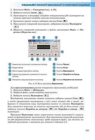 197
1. Виконати Файл  Створити (рис. 4.10).
2. Вибрати кнопку Запис .
3. Проговорити в мікрофон потрібне повідомлення (або відтворити на
іншому пристрої потрібне звукове повідомлення).
4. Зупинити процес запису вибором кнопки Стоп .
5. Прослухати створений звукозапис, вибравши кнопку Відтворити
.
6. Зберегти створений звукозапис у файлі, виконавши Файл  Збе-
регти (Зберегти як).
Індикатор поточного положення запису Кнопка Запис
Рядок меню Кнопка Стоп
Вікно індикатора рівня запису Кнопка Відтворити
Індикатор довжини (тривалості) всього
запису
Кнопка Перейти в кінець
Повзунок ходу відтворення/запису Кнопка Перейти на початок
Рис. 4.10. Вікно програми Звукозапис
Для прослуховування раніше створеного звукозапису необхідно:
1. Виконати Файл  Відкрити.
2. Вибрати файл, який потрібно прослухати.
3. Вибрати кнопку Відтворити .
Відтворення звукозапису можна зупиняти вибором кнопки Стоп ,
а потім продовжити відтворення з цієї самої позиції або з іншої, ви-
бравши її повзунком ходу відтворення/запису та кнопку Відтворити.
Для швидкого переходу до початку звукозапису або до його кінця слід
вибрати кнопки Перейти на початок або Перейти в кінець
відповідно.
Програма Звукозапис надає користувачу також можливості в редагу-
ванні та форматуванні звукозаписів. Для виконання операцій редагуван-
ня або форматування звукозапису треба відкрити файл, що містить по-
трібний звукозапис, і виконати дії, описані в таблиці 4.4.
Ryvkind_159_10_Inform_akdm_11ukr_v.indd 197Ryvkind_159_10_Inform_akdm_11ukr_v.indd 197 21.07.2011 17:44:5421.07.2011 17:44:54
 