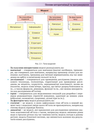 23
Моделі
Матеріальні
Алгоритмічні
Математичні
Спеціальні
Інформаційні
Словесні
Графічні
Структурні
За галузями
використання
Навчальні
Дослідницькі
Ігрові
За фактором
часу
Статичні
Динамічні
За способом
подання
Рис. 2.1. Типи моделей
За галузями використання моделі розподіляють на:
 навчальні – створюються для навчання (наочні посібники, тренаже-
ри, що створюють для навчання, наприклад тренажер літака для на-
вчання льотчиків, тренажер для імітації перевантажень під час виве-
дення на орбіту в космічному польоті та ін.);
 дослідницькі – створюються для проведення досліджень (модель річ-
кового теплохода, гелікоптера, гідростанції для проведення дослі-
джень на міцність, плавучість, аеродинамічні властивості, вплив на
екологію, модель комп’ютера, прилад, що імітує розряд блискавки та
ін., а також формули, рівняння, функції та ін., які можна використа-
ти для дослідження об’єктів);
 ігрові – створюються для моделювання ситуацій для розробки і пере-
вірки різноманітних стратегій поведінки, адаптації до певних умов
(військові, економічні, спортивні, ділові ігри та ін.).
За фактором часу моделі розподіляють на:
 статичні – це моделі, в яких зафіксовано стан об’єкта в певний мо-
мент часу і подальші зміни цього об’єкта не враховуються, наприклад
гіпсова модель піраміди Хеопса;
 динамічні – це моделі, які призначені для дослідження змінення зна-
чень властивостей об’єкта з часом, наприклад модель змінення рівня
води в гірських річках під час танення снігів; модель погоди в даному
регіоні; модель Сонячної системи, що змінюється залежно від резуль-
татів нових досліджень.
Ryvkind_159_10_Inform_akdm_11ukr_v.indd 23Ryvkind_159_10_Inform_akdm_11ukr_v.indd 23 21.07.2011 17:44:2421.07.2011 17:44:24
 