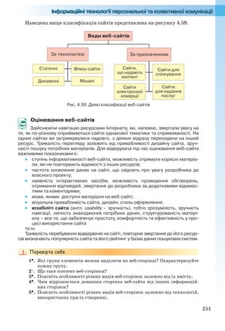 251
Наведена вище класифікація сайтів представлена на рисунку 4.59.
Види веб-сайтів
За призначеннямЗа технологією
Мішані
Статичні
Динамічні
Флеш-сайти
Сайти
для надання
послуг
Сайти,
що надають
контент
Сайти для
спілкування
Сайти
електронної
комерції
Рис. 4.59. Деякі класифікації веб-сайтів
Оцінювання веб-сайтів
Здійснюючи навігацію ресурсами Інтернету, ви, напевно, звертали увагу на
те, як по-різному сприймаються сайти однакової тематики та спрямованості. На
одних сайтах ви затримувалися надовго, з деяких відразу переходили на інший
ресурс. Тривалість перегляду залежить від привабливості дизайну сайта, зруч-
ності пошуку потрібних матеріалів. Для відвідувача під час оцінювання веб-сайта
важливими показниками є:
 ступінь інформативності веб-сайта, можливість отримати корисні матеріа-
ли, які не повторюють відомості з інших ресурсів;
 частота оновлення даних на сайті, що свідчить про увагу розробника до
власного проекту;
 наявність інтерактивних засобів, можливість проведення обговорень,
отримання відповідей, звертання до розробника за додатковими відомос-
тями та коментарями;
 мови, якими доступні матеріали на веб-сайті;
 візуальна привабливість сайта, дизайн, стиль оформлення;
 юзабіліті сайта (англ. usability – зручність), тобто зрозумілість, зручність
навігації, легкість знаходження потрібних даних, структурованість матері-
алу – все те, що забезпечує простоту, комфортність та ефективність у про-
цесі використання сайта
та ін.
Тривалість перебування відвідувачів на сайті, повторне звертання до його ресур-
сів визначають популярність сайта та його рейтинг у базах даних пошукових систем.
1. Які групи елементів можна виділити на веб-сторінці? Охарактеризуйте
кожну групу.
2. Що таке контент веб-сторінки?
3. Поясніть особливості різних видів веб-сторінок залежно від їх вмісту.
4. Чим відрізняється домашня сторінка веб-сайта від інших інформацій-
них сторінок?
5. Поясніть особливості різних видів веб-сторінок залежно від технологій,
використаних при їх створенні.
Ryvkind_159_10_Inform_akdm_11ukr_v.indd 251Ryvkind_159_10_Inform_akdm_11ukr_v.indd 251 21.07.2011 17:45:0821.07.2011 17:45:08
 