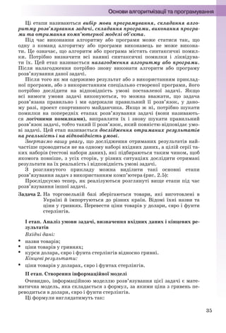 35
Ці етапи називаються вибір мови програмування, складання алго-
ритму розв’язування задачі, складання програми, виконання програ-
ми та отримання комп’ютерної моделі об’єкта.
Під час виконання алгоритму або програми може статися так, що
одну з команд алгоритму або програми виконавець не може викона-
ти. Це означає, що алгоритм або програма містять синтаксичні помил-
ки. Потрібно визначити всі наявні синтаксичні помилки і ліквідува-
ти їх. Цей етап називається налагодження алгоритму або програми.
Після налагодження потрібно знову виконати алгоритм або програму
розв’язування даної задачі.
Після того як ми одержимо результат або з використанням приклад-
ної програми, або з використанням спеціально створеної програми, його
потрібно дослідити на відповідність умові поставленої задачі. Якщо
всі вимоги умови задачі виконуються, то можна вважати, що задача
розв’язана правильно і ми одержали правильний її розв’язок, у дано-
му разі, проект спортивного майданчика. Якщо ж ні, потрібно шукати
помилки на попередніх етапах розв’язування задачі (вони називають-
ся логічними помилками), виправляти їх і знову шукати правильний
розв’язок задачі, тобто такий її розв’язок, який повністю відповідає умо-
ві задачі. Цей етап називається дослідження отриманих результатів
на реальність і на відповідність умові.
Звертаємо вашу увагу, що дослідження отриманих результатів най-
частіше проводиться не на одному наборі вхідних даних, а цілій серії та-
ких наборів (тестові набори даних), які підбираються таким чином, щоб
якомога повніше, з усіх сторін, у різних ситуаціях дослідити отримані
результати на їх реальність і відповідність умові задачі.
З розглянутого прикладу можна виділити такі основні етапи
розв’язування задач з використанням комп’ютера (рис. 2.5):
Прослідкуємо тепер, як реалізуються розглянуті вище етапи під час
розв’язування іншої задачі.
Задача 2. На торговельній базі зберігаються товари, які виготовлені в
Україні й імпортуються до різних країн. Відомі їхні назви та
ціни у гривнях. Перевести ціни товарів у долари, євро і фунти
стерлінгів.
І етап. Аналіз умови задачі, визначення вхідних даних і кінцевих ре-
зультатів
Вхідні дані:
 назви товарів;
 ціни товарів у гривнях;
 курси долара, євро і фунта стерлінгів відносно гривні.
Кінцеві результати:
 ціни товарів у доларах, євро і фунтах стерлінгів.
ІІ етап. Створення інформаційної моделі
Очевидно, інформаційною моделлю розв’язування цієї задачі є мате-
матична модель, яка складається з формул, за якими ціна з гривень пе-
реводиться в долари, євро і фунти стерлінгів.
Ці формули виглядатимуть так:
Ryvkind_159_10_Inform_akdm_11ukr_v.indd 35Ryvkind_159_10_Inform_akdm_11ukr_v.indd 35 21.07.2011 17:44:2421.07.2011 17:44:24
 