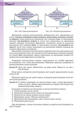 76
Рис. 2.40. Повне розгалуження Рис. 2.41. Неповне розгалуження
Виконання повного розгалуження відбувається так: виконавець ви-
конує команду перевірки умови (команду обчислення значення логічно-
го виразу); якщо результат виконання цієї команди true, то виконавець
виконує послідовність команд 1, після чого переходить до виконання
першої команди наступного фрагмента алгоритму; якщо ж результат
виконання цієї команди false, то виконавець виконує послідовність ко-
манд 2, після чого також переходить до виконання першої команди на-
ступного фрагмента алгоритму.
Виконання неповного розгалуження відрізняється від виконання пов-
ного розгалуження тим, що при результаті виконання команди перевір-
ки умови false виконавець одразу переходить до виконання першої ко-
манди наступного фрагмента алгоритму.
Усередині розгалуження можуть знаходитися як лінійні фрагмен-
ти алгоритму, так і інші розгалуження. Наведемо приклад алгоритму із
розгалуженням у розгалуженні.
Задача 2. Дано два числа. Визначити, чи рівні вони. Якщо ні, то яке з
них більше?
Блок-схема алгоритму розв’язування цієї задачі представлена на ри-
сунку 2.42.
Наведемо приклад ще однієї задачі, алгоритм розв’язування якої міс-
тить розгалуження.
Задача 3. Є дев’ять однакових на вигляд монет, одна з яких фальшива і
легша за інші. Двома зважуваннями на терезах без важків ви-
значити фальшиву монету.
Складемо алгоритм для виконавця з такою системою команд:
1. Узяти вказану купку монет.
2. Розділити вказану купку монет на три рівні купки.
3. Покласти на терези вказані купки монет.
4. Перевірити умову «Терези в рівновазі?».
5. Визначити при зважуванні, яка з купок монет легша.
6. Повідомити результат.
Для виконавця з такою системою команд алгоритм розв’язування за-
дачі 3 такий:
Ryvkind_159_10_Inform_akdm_11ukr_v.indd 76Ryvkind_159_10_Inform_akdm_11ukr_v.indd 76 21.07.2011 17:44:3021.07.2011 17:44:30
 