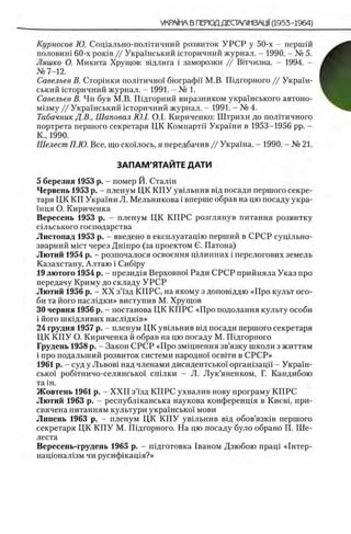 Курносов Ю. Сощально-полггичний розвиток У Р С Р у 50-х - перппй
половиш 60-х ρ ο κ ίΒ // Украшський кторичний журнал. - 1990. - № 5.
Ляшко О. Микита Хрущов: вщлига i заморозки // Втгчизна. - 1994. -
№ 7-12.
Савельев В. Сторшки полггично! б1ографй' М.В. Шдгорного // Укра!н-
ський шторичний журнал. - 1991. - № 1.
Савельев В. Чи був М.В. Шдгорний виразником украшського автоно-
М1зму // Украшський шторичний журнал. - 1991. - № 4.
Табачник Д.В., Шаповал Ю.1. O.I. Кириченко: Штрихи до политичного
портрета першого секретаря ЦК Компартп Украши в 1953-1956 pp. -
Κ., 1990.
Шелест П.Ю. Все, що скошэсь, я передбачив // Украша. - 1990. - № 21.
ЗАПАМ'ЯТАЙТЕ ДАТИ
5 березня 1953 р. - помер Й. Сталш
Червень 1953 р. - пленум ЦК К П У увыьнив вщ посади першого секре­
таря ЦК КГ1 Украши Л. Мельникова i вперше обрав на що посаду укра-
шця О. Кириченка
Вересень 1953 р. - пленум ЦК КПРС розглянув питания розвитку
шльського господарства
Листопад 1953 р. - введено в експлуатацпо перший в СРСР сущльно-
зварний м1ст через Дшпро (за проектом С. Патона)
Лютий 1954 р. - розпочалося освоения щлинних i перелогових земель
Казахстану, Алтаю i Cn6 ipy
19лютого 1954 р. - презид1я Верховно! Ради СРСР прийняла Указ про
передачу Криму до складу У РС Р
Лютий 1956 р. - X X з’!зд КГ1РС, на якому з доповщдю «Про культ осо­
би та його наслщки» виступив М. Хрущов
30 червня 1956 р. - постанова ЦК КПРС «Про подолання культу особи
i його шкщливих наслщк1в»
24 грудня 1957 р. - пленум ЦК увшьнив вщ посади першого секретаря
ЦК К П У О. Кириченка й обрав на цю посаду М. Пщгорного
Грудень 1958 р. - Закон СРСР «Про змщнення зв’язку школи з життям
i про подальший розвиток системи народно! освети в С Р С Р»
1961 р. - суд у Львов1 над членами дисидентсько! оргашзацп - Украш-
сько! робггничо-селянсько! сшлки - Л. Л ук’яненком, Г. Кандибою
та in.
Жовтень 1961 р. - X X II з’!зд КП РС ухвалив нову програму КПРС
Лютий 1963 р. - республ1канська наукова конференщя в Киев1, при­
свячена питаниям культури укра'шсько! мови
Липень 1963 р. - пленум ЦК К П У увшьнив вщ обов’язшв першого
секретаря ЦК К П У М. Шдгорного. На цю посаду було обрано П. Ш е­
леста
Вересень-грудень 1965 р. - пщготовка Паном Дзюбою пращ «1нтер-
нацюнал1зм чи русифшащя?»
 