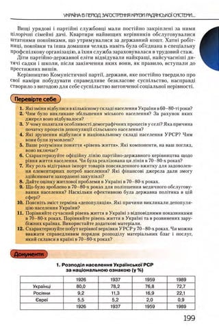 Винц урядов! i партшш службовщ мали постшно закршлеш за ними
Ц1лор1чн1 шмейш дачк Квартири найвищих кер1вниюв обслуговувалися
штатними поксмвками, що утримувалися за державний кошт. Хатш ροβίτ-
нищ, покснвки та шша домашня челядь нав1ть була об’еднана в спещальну
профсшлкову оргашзацш, а 1'хня служба зараховувалася в трудовий стаж.
Дгги парт1Йно-державно'1 елтги вщвщували найкранп, найсучасшнп ди-
тяч1 садки i школи, июля закшчення яких вони, як правило, вступали до
престижних винив.
Кер1вництво Комушстичнсп партп, держави, яке постшно твердило про
CBoi' нам1ри побудувати справедливе безкласове сусшльство, насправд1
створило з вигодою для себе сусшльство витончешн сощальшл HepiBHOCTi.
(Т|ерев1рте себе)
1. Як1 зм 1ни В1д б ули с я в ю л ь ю с н о м у склад1 н аселен и я Украши в 6 0 -8 0 -τί роки?
2. Чим було викликане збыьшення м1ського населения? За рахунок яких
джерел воно вщбувалося?
3. У чому полягали особливост! демограф1чних npoueciB у сел1?Яка причина
початку n p o u e c i B депопуляцй с1льського населения?
4. Як1 зрушення вщбулися в нацюнальному склад1 населения УРСР? Чим
вони були зумовлеш?
5. Ваше розумшня поняття «р1вень життя». Як1 компоненти, на ваш погляд,
воно включае?
6. Схарактеризуйте офщшну лш ш партчйно-державного кер1вництва щодо
р1вня життя населения. Чи була реал13ована ця Л1шя в 70-80-х роках?
7 . Яку роль в1Д1гравав ίΜ π ο ρ τ товар1в повсякденного вжитку для задоволен-
ня елементарних потреб населения? Як1 фшансов1 джерела дали змогу
зд1Йснювати закордонш закуп1вл1?
8. Дайте оценку житлово1 проблеми в Укра1Н1 в 70-80-х роках.
9. Що було зроблено в 70-80-х роках для полшшення медичного обслугову-
вання населения? Наск1льки ефективною була державна полника в цш
сфер1?
10. Поясн1ть зм1ст терм1на «депопуляц1я». Як1 причини викликали депопуля-
Ц1ю населения Укра1ни?
11. Пор1вняйте сучасний ргвень життя в УкраМ з вщпов1дними показниками
в 70-80-х роках. Пор1вняйте р1вень життя в Украш1 та в розвинених зару-
б1жних Краунах. Використайте додатков1 матер1али.
12. Схарактеризуйте побут K ep iB H oi верх1вки УР С Р у 70-80-х роках. Чи можна
вважати справедливим порядок розподшу матер1альних благ i послуг,
який склався в K p a m i в 70-80-х роках?
Документ
1. Розподш населення УкраГнськоТ РСР
за нацю нальною ознакою (у %)
1926 1937 1959 1989
УкраУнц! 80,0 78,2 76,8 72,7
Р0С1ЯНИ 9,2 11,3 16,9 22,1
ввре'| 5,5 5,2 2,0 0,9
1926 1937 1959 1989
 