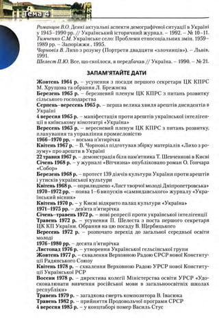 Романцов В.О. Деяк! актуальна аспекти демограф1чно! ситуацп в УкраМ
у 1945-1990 pp. // Украшський шторичний журнал. - 1992. - № 10—11.
Тимченко С.М. Украшське село: Проблеми етносощальнихзмш. 1959-
1989 pp. - Запор1жжя , 1995.
Чорновгл В. Лихо з розуму (Портрети двадцяти «злочинщ в»), - Льв1в,
1991.
Шелест П.Ю. Все, що ско'хлося, я передбачав // Украша. - 1990. - № 21.
ЗАПАМ'ЯТАЙТЕ ДАТИ
Жовтень 1964 р. - усунення з посади першого секретаря ЦК КПРС
М. Хрущова та обрання Л. Брежнева
Березень 1965 р. - березневий пленум ЦК КП РС з питань розвитку
шльського господарства
Серпень-вересень 1965 р. - перша велика хвиля ар ентв дисиденНв в
Украпп
4 вересня 1965 р. - машфестащя проти арентв укра!нсько! штелшен-
ци в кшвському кшотеатр1 «Украш а»
Вересень 1965 р. - вересневий пленум ЦК КП РС з питань розвитку,
планування та управлшня промисловштю
1966-1970 pp. - восьма п’ятир1чка
Квггень 1967 р. - В. Чорновы пщготував зб^рку матер1ал1в «Л ихо з ро­
зум у» про арешти в Укра!ш
22 травня 1967 р. - демонстращя бшя пам’ятника Т. Шевченков1 в Киев1
Очень 1968 р. - у журнал1 «В 1тчизна» опублшовано роман О. Гончара
«С обор»
Березень 1968 р. - протест 139 д1яч1в культури Украши проти арентв
i утиск1в украшсько1 культури
Квггень 1968 р. - оприлюднено «Лист творчо! моло/и Дн1пропетровська»
1970-1972 pp. - поява 1-6 випуск1в «самвидавського» журналу «Укра­
шський В1СНИК»
Квггень 1970 р. - у Киев1 в1дкрито палац культури «Украш а»
1971-1975 pp. - дев’ята гГятир1чка
Очень-травень 1972 р. - h o b i penpecii проти укра'шсько!' штелшенцп
Травень 1972 р. - усунення П. Шелеста з поста першого секретаря
ЦК КП Украши. Обрання на цю посаду В. Щербицького
Вересень 1972 р. - розпочато перехщ до загально! середньо! освети
МОЛОД1
1976-1980 pp. - десята п’ятир^чка
Листопад 1976 р. - утворення Укра!нсько! гельшнсько! групи
Жовтень 1977 р. - схвалення Верховною Радою СРСР ново! Конститу-
цп Радянського Союзу
Квггень 1978 р. - схвалення Верховною Радою У Р С Р ново! Конститу-
цп Укра'шсько! РСР
Восени 1978 р. - директива колегп Мшштерства оевгги У Р С Р «Удо-
сконалювати вивчення рос1Йсько! мови в загальноосвггшх школах
республ1ки»
Травень 1979 р. - загадкова смерть композитора В. 1васюка
Травень 1982 р. - прийняття Продовольчо! програми СРСР
4 вересня 1985 р. - у концтабор! помер Василь Стус
 
