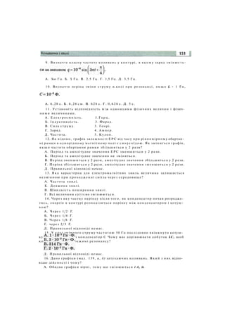 9. Визначте власну частоту коливань у контурі, в якому заряд змінюєть-
А . Зсо Гц. Б. З Гц. В. 2,5 Гц. Г. 1,5 Гц. Д. 3,5 Гц.
10. Визначте період зміни струму в.колі при резонансі, я к щ о L - 1 Гн,
А. 6,28 с. Б. 6,28 см. В. 628 с. Г. 0,628 с. Д. 5 с.
11. Установіть відповідність між одиницями фізичних величин і фізич­
ними величинами.
A. Електроємність. І . Г е р ц .
Б. Індуктивність. 2. Фарад.
B. Сила струму. 3. Генрі.
Г. Заряд. 4. Ампер.
Д. Частота. 5. Кулон.
12. Як відомо, графік залежності ЕРС від часу при рівномірному обертан­
ні рамки в однорідному магнітному полі є синусоїдою. Як зміниться графік,
я к щ о частота обертання рамки збільшиться у 2 рази?
A. Період та амплітудне значення ЕРС зменшиться у 2 рази.
Б. Період та амплітудне значення не зміняться.
B. Період зменшиться у 2 рази, амплітудне значення збільшиться у 2 рази.
Г. Період збільшиться у 2 рази, амплітудне значення зменшиться у 2 рази.
Д. Правильної відповіді немає.
13. Яка характерна для електромагнітних хвиль величина залишається
незмінною при проходженні світла через середовище?
A. Частота хвилі.
Б. Довжина хвилі.
B. Швидкість поширення хвилі.
Г. Всі величини суттєво змінюються.
14. Через яку частку періоду після того, як конденсатор почав розряджа­
тись, енергія в контурі розподілиться порівну між конденсатором і котуш­
кою?
A. Через 1/2 Т.
Б. Через 1/4 Т.
B. Через 1/8 Т.
Г. через 2/3 Т.
Д. Правильної відповіді немає.
15. У колі змінного струму частотою 50 Гц послідовно ввімкнуто котуш­
ку індуктивності L і конденсатор С Чому має дорівнювати добуток LC, щоб
коло перебувало у режимі резонансу?
Д. Правильної відповіді немає.
16. Дано графіки (мал. 139, а, б) затухаючих коливань. Який з них відпо­
відає дійсності і чому?
А. Обидва графіки вірні, тому що змінюються і A, it.
 