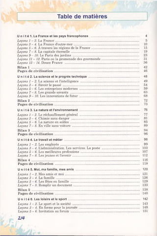 Table de matières
U n i t é 1. La France et les pays francophones .......................................................... 4
Leçons 1 - 2 . La France..................................................................................................... 5
Leçons 3 - 4 . La France d’outre-mer.............................................................................. 10
Leçons 5 - 6. A travers les régions de la France......................................................... 15
Leçons 7 - 8 . La capitale éternelle.................................................................................. 19
Leçons 9 - 10. Le Paris des jardins ............................................................................... 23
Leçons 11 - 12. Paris ou la promenade des gourmands............................................. 31
Leçons 13 - 14. Douce France .......................................................................................... 36
Bilan 1 .................................................................................................................................. 42
Pages de civilisation ...................................................................................................... 46
U n i t é 2. La science et le progrès technique ............................................................ 48
Leçons 1 - 2 . La science et l’intelligence ..................................................................... 49
Leçons 3 - 4 . Savoir le passé ............................................................................................ 54
Leçons 5 - 6 . Les entreprises modernes ........................................................................ 59
Leçons 7 - 8 . Les grands savants ................................................................................... 63
Leçons 9 - 1 0 . Les innovations de futur ........................................................................ 68
Bilan 2 .................................................................................................................................. 72
Pages de civilisation...................................................................................................... 73
U n i t é 3. La nature et l’environnement......................................................................... 76
Leçons 1 - 2. Le réchauffement général ........................................................................ 77
Leçons 3 - 4 . Chimie sans danger .................................................................................. 81
Leçons 5 - 6 . La nature en soldes .................................................................................. 85
Leçons 7 - 8 . En ville sans voiture ............................................................................... 89
Bilan 3 .................................................................................................................................. 94
Pages de civilisation ...................................................................................................... 96
U n i t é 4. Le travail et métier ........................................................................................... 98
Leçons 1 - 2 . Les employés ............................................................................................... 99
Leçons 3 - 4 . L’administration. Les services. La poste ............................................. 103
Leçons 5 - 6 . Les meilleures professions ....................................................................... 107
Leçons 7 - 8 . Les jeunes et l’avenir................................................................................. 112
Bilan 4 .................................................................................................................................. 116
Pages de civilisation ...................................................................................................... 118
U n i t é 5. Moi, ma famille, mes amis ............................................................................. 120
Leçons 1 - 2 . Mes amis et moi.......................................................................................... 121
Leçons 3 - 4 . La famille..................................................................................................... 126
Leçons 5 - 6 . Les fêtes en famille ................................................................................... 129
Leçons 7 - 8 . Remplir un document................................................................................ 133
Bilan 5 .................................................................................................................................. 138
Pages de civilisation ...................................................................................................... 140
U n i t é 6. Les loisirs et le sport....................................................................................... 142
Leçons l - 2 . L e sport et la société ............................................................................... 143
Leçons 3 - 4 . En forme pour la journée ......................................................................... 148
Leçons 5 - 6 . Invitation au forum ................................................................................... 151
1/4
 