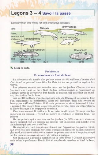 Devqnian lobe-finned fish arid amphibiops tetrapodq.
Tiktaalik Ichthyostega
Acanthostega
Panderichthyslows
Eusthënopteron Coelaçanth
Leçons 3 —4 Savoir la passé
/ . Lisez le texte.
Préhistoire
Un marcheur au fond de l’eau
La découverte du fossile d’un poisson vieux de 370 millions d’années doté
d’un humérus pourrait compléter les théories sur les premières espèces ter­
restres.
Les poissons avaient peut-être des bras... ou des jambes. C’est en tout cas
l’annonce que vient de faire Neil Shubin, paléontologiste à l’université de
Chicago, après la découverte d’un fossile de poisson qui possédait un humé­
rus^ c’est-à-dire l’os du bras.
Agé de 370 millions d’années (période dite du Dévonien), ce poisson, long
d’un soixantaine de centimètres, avait été découvert dans une rivière en
Pennsylvanie (Etats-Unis) en 1993 mais personne ne s’était intéressé à lui et
il pourrait être encore dans les cartons de l’université, mais un préparateur a
eu l’idée d’essayer d’en dégager le squelette.
C’est à ce moment là qu’il a eu la surprise de découvrir l’étrange membre
postérieur du poisson. Il venait de mettre en évidence le premier bras... de
poisson !
Or, un poisson qui a des bras ou des jambes (la différence à ce stade est
encore minime) c’est un poisson qui marche ! Et un poisson qui marche, c’est
un poisson qui peut sortir de l’eau.
On croyait pourtant jusqu’à maintenant que l’apparition des pattes coïnci­
dait avec celle des premiers vertébrés quelques dizaines de millions d’années
plus tard, mais cette découverte permet de penser que ce sont les poissons qui
ont les premiers essayés de sortir du milieu aquatique.
Cet animal a-t-il réussi à marcher sur la terre ferme ? Ce n’est pas prouvé
mais selon le professeur Shubin il était capable de marcher au fond de l’eau,
54
 