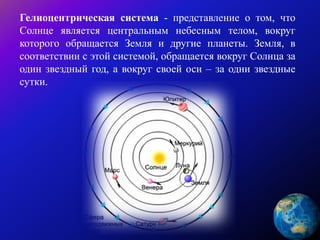 Гелиоцентрическая система - представление о том, что
Солнце является центральным небесным телом, вокруг
которого обращается Земля и другие планеты. Земля, в
соответствии с этой системой, обращается вокруг Солнца за
один звездный год, а вокруг своей оси – за одни звездные
сутки.
 