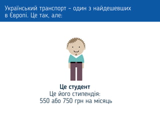Український транспорт – один з найдешевших
в Європі. Це так, але:
Це студент
Це його стипендія:
550 або 750 грн на місяць
 