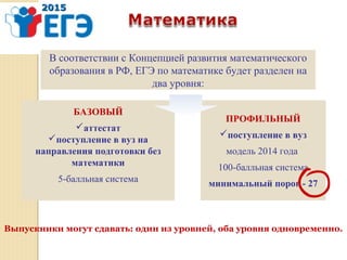 20152015
Выпускники могут сдавать: один из уровней, оба уровня одновременно.
БАЗОВЫЙ
аттестат
поступление в вуз на
направления подготовки без
математики
5-балльная система
ПРОФИЛЬНЫЙ
поступление в вуз
модель 2014 года
100-балльная система
минимальный порог - 27
В соответствии с Концепцией развития математического
образования в РФ, ЕГЭ по математике будет разделен на
два уровня:
 