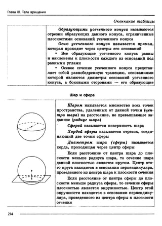 Глава III. Тела вращения
Окончание таблицы
Образующими усеченного конуса называются
отрезки образующих данного конуса, ограниченные
плоскостями оснований усеченного конуса
Осью усеченного конуса называется прямая,
которая проходит через центры его оснований
• Все образующие усеченного конуса равны
и наклонены к плоскости каждого из оснований под
равными углами
• Осевое сечение усеченного конуса представ­
ляет собой равнобедренную трапецию, основаниями
которой являются диаметры оснований усеченного
конуса, а боковыми сторонами — его образующие
Шар и сфера
Шаром называется множество всех точек
пространства, удаленных от данной точки (цен­
тра шара) на расстояние, не превышающее за­
данное (радиус шара)
Сферой называется поверхность шара
Хордой сферы называется отрезок, соеди­
няющий две точки сферы
Диаметром шара (сферы) называется
хорда, проходящая через центр сферы
Если расстояние от центра шара до пло­
скости меньше радиуса шара, то сечение шара
данной плоскостью является кругом. Центр это­
го круга находится в основании перпендикуляра,
проведенного из центра шара к плоскости сечения
Если расстояние от центра сферы до пло­
скости меньше радиуса сферы, то сечение сферы
плоскостью является окружностью. Центр этой
окружности находится в основании перпендику­
ляра, проведенного из центра сферы к плоскости
сечения
214
 