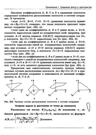 Приложение 1. Уравнения фигур в пространстве
Значения коэффициентов А, В, С и D в уравнении плоскости
определяют особенности расположения плоскости в системе коорди­
нат. В частности:
• если А * 0, В ф0, С Ф0, D = 0, уравнение плоскости примет
вид Ax +By + Cz = 0 ; очевидно, что такая плоскость проходит через
начало координат (рис. 234, а);
• если один из коэффициентов А, В и С равен нулю, a Б фО,
плоскость параллельна одной из координатных осей: например, при
условии А = 0 вектор нормали й(0;В;С) перпендикулярен оси Ох,
а плоскость By + Cz + D = 0 параллельна оси Ох (рис. 234, б);
• если два из коэффициентов А, В и С равны нулю, а В фО,
плоскость параллельна одной из координатных плоскостей: напри­
мер, при условиях А = 0 и В = 0 вектор нормали й(0;0;С) перпен­
дикулярен плоскости Оху, а плоскость Cz + D = 0 параллельна пло­
скости Оху (рис. 234, в);
• если два из коэффициентов А, В и С равны нулю и D = 0, пло­
скость совпадает с одной из координатных плоскостей: например, при
условиях А * О и В = С = В = 0 уравнение плоскости имеет вид Ах = 0,
или х = 0, то есть является уравнением плоскости Оуг (рис. 234, г).
Предлагаем вам самостоятельно составить полную таблицу
частных случаев расположения плоскости Ax + By + Cz + D = 0 в пря­
моугольной системе координат в зависимости от значений коэффи­
циентов А, В, С и D.
Рис. 234. Частные случаи расположения плоскости в системе координат
Опорная задача (о расстоянии от точки до плоскости)
Расстояние от точки K (x 0 ;y0 ;z0) до плоскости а , за­
данной уравнением Ax +By + Cz + D = 0 , вычисляется по формуле
d(K, а) =
Ах0 +Ву0 +Сгй+Р
si.A ll+B£+C‘
. Докажите.
279
 