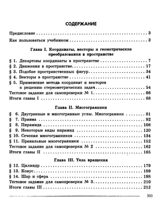 СОДЕРЖАНИЕ
Как пользоваться учебником................................................................. 3
Глава I. Координаты, векторы и геометрические
преобразования в пространстве
§ 1. Декартовы координаты в пространстве............................................. 7
§ 2. Движения в пространстве...................................................................... 17
§ 3. Подобие пространственных фигур......................................................34
§ 4. Векторы в пространстве........................................................................ 41
§ 5. Применение метода координат и векторов
к решению стереометрических задач.................................................54
Тестовое задание для самопроверки № 1 ................................................66
Итоги главы I .................................................................................................... 68
Глава II. Многогранники
§ 6. Двугранные и многогранные углы. Многогранник...................81
§ 7. П ри зм а........................................................................................................ 92
§ 8. Пирамида..................................................................................................108
§ 9. Некоторые виды пирамид .................................................................120
§ 10. Сечения многогранников................................................................... 134
§ 11. Правильные многогранники............................................................ 152
Тестовое задание для самопроверки № 2 ...................................162
Итоги главы II ..................................................................................................165с
Глава III. Тела вращения
§ 12. Цилиндр....................................................................................................179
§ 13. Конус...........................................................................................................189
§ 14. Шар и сф ер а...........................................................................................198
Тестовое задание для самопроверки № 3 .....................................210
Итоги главы I I I ..................................................................................................212
Предисловие....................................................................................................3
------------------------------------------------------------------------------------------------------------------------ 303
 