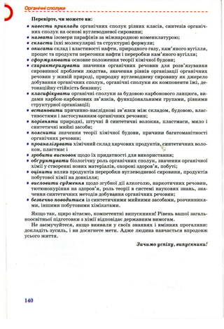 Органічні сполуки
Перевірте, чи можете ви:
• навести приклади органічних сполук різних класів, синтезів органіч­
них сполук на основі вуглеводневої сировини;
• назвати ізомери парафінів за міжнародною номенклатурою;
• скласти їхні молекулярні та структурні формули;
• описати склад і властивості нафти, природного газу, кам’яного вугілля,
процес та продукти перегонки нафти і переробки кам’яного вугілля;
• сформулювати основне положення теорії хімічної будови;
• схарактеризувати значення органічних речовин для розв’язування
сировинної проблеми людства, значення рівнів організації органічних
речовин у живій природі, природну вуглеводневу сировину як джерело
добування органічних сполук, органічні сполуки як компоненти їжі, де­
тонаційну стійкість бензину;
• класифікувати органічні сполуки за будовою карбонового ланцюга, ви­
дами карбон-карбонових зв’язків, функціональними групами, рівнями
структурної організації;
• встановити причинно-наслідкові зв’язки між складом, будовою, влас­
тивостями і застосуванням органічних речовин;
• порівняти природні, штучні й синтетичні волокна, пластмаси, мило і
синтетичні мийні засоби;
• пояснити значення теорії хімічної будови, причини багатоманітності
органічних речовин;
• проаналізувати хімічний склад харчових продуктів, синтетичних воло­
кон, пластмас і ‘
• зробити висновок щодо їх придатності для використання;
• обґрунтувати біологічну роль органічних сполук, значення органічної
хімії у створенні нових матеріалів, охороні здоров’я, побуті;
• оцінити вплив продуктів переробки вуглеводневої сировини, продуктів
побутової хімії на довкілля;
• висловити судження щодо згубної дії алкоголю, наркотичних речовин,
тютюнокуріння на здоров’я, роль теорії в системі наукових знань, зна­
чення синтетичних методів добування органічних речовин;
• безпечно поводитися із синтетичними мийними засобами, розчинника­
ми, іншими побутовими хімікатами.
Якщо так, щиро вітаємо, компетентні випускники! Рівень вашої загаль­
ноосвітньої підготовки з хімії відповідає державним вимогам.
Не засмучуйтеся, якщо виявили у своїх знаннях і вміннях прогалини:
докладіть зусиль, і ви досягнете мети. Адже людина навчається впродовж
усього життя.
Зичимо успіху, випускники!
140
 