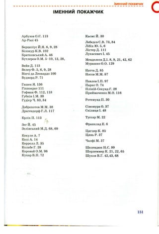 Іменний покажчик
ІМЕННИЙ ПОКАЖЧИК с
Арбузов О.Є. 113
Ар-Разі 45
Берцеліус Й.Я. 6 , 9, 28
Білокур К.В. 102
Братковський А. 46
Бутлеров О.М. 5-10, 12, 28,
ВейнД. 113
Велер Ф. 5, 6 , 9, 28
Вінчі да Леонардо 100
ВудвордР. 71
Гашек Я. 136
Гіппократ 111
ГофманФ. 112, 118
Губкін І.М. 38
Гудієр Ч. 83, 84
Доброхотов М.М. 38
Драгендорф Г.Л. 117
ЕрліхП. 113
Зег Й. 45
Зелінський М.Д. 6 8 , 69
Кекуле А. 7
Келі А. 14
Керролл Л. 35
Кольбе Г. 28
Коровай О.М. 98
Кухар В.П. 72
Кьемс Й. ЗО
Лебедєв С.В. 73, 84
Лібіх Ю. 5, 6
Лістер Д. 111
Лукасевич І. 45
Менделєєв Д.І. 8 , 9, 21, 42, 62
Мурашко 0 .0 . 129
Натта Д. 85
Носов М.М. 87
Павлов І.П. 97
Парке О. 74
Пліній-Секунд Г. 28
Приймаченко М.О. 116
Ротемунд П. ЗО
СімомураО. 37
Скілиця І. 48
Туссар М. 22
Франклад Е. 6
Циглер К. 85
ЦяньР. 37
Чалфі М. 37
Шелендюк Н.С. 99
Шорлеммер К. 21, 22, 65
Шухов В.Г. 42,43, 6 8
151
 