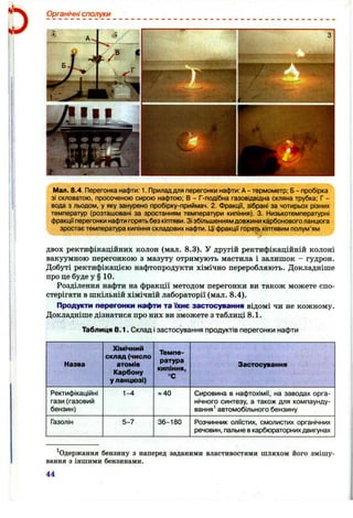 Органічні сполуки
3
/
г.......................
Мал. 8.4. Перегонка нафти: 1. Приладдля перегонки нафти: А - термометр; Б- пробірка
зі скловатою, просоченою сирою нафтою; В - Г-подібна газовідвідна скляна трубка; Г -
вода з льодом, у яку занурено пробірку-приймач. 2. Фракції, зібрані за чотирьох різних
температур (розташовані за зростанням температури кипіння). 3. Низькотемпературні
фракції перегонки нафти горятьбез кіптяви. Зі збільшеннямдовжини карбоновоголанцюга
зростає температура кипіння складових нафти. Ці фракції горять кіптявим полум’ям
двох ректифікаційних колон (мал. 8.3). У другій ректифікаційній колоні
вакуумною перегонкою з мазуту отримують мастила і залишок - гудрон.
Добуті ректифікацією нафтопродукти хімічно переробляють. Докладніше
про це буде у § 1 0 .
Розділення нафти на фракції методом перегонки ви також можете спо­
стерігати в шкільній хімічній лабораторії (мал. 8.4).
Продукти перегонки нафти та пене застосування відомі чи не кожному.
Докладніше дізнатися про них ви зможете з таблиці 8.1.
Таблиця 8.1. Склад і застосування продуктів перегонки нафти
Назва
Хімічний
склад (число
атомів
Карбону
у ланцюзі)
Темпе­
ратура
кипіння,
°С
Застосування
Ректифікаційні
гази (газовий
бензин)
1-4 «40 Сировина в нафтохімії, на заводах орга­
нічного синтезу, а також для компаунду­
вання’ автомобільного бензину
Газолін 5-7 36-180 Розчинник оліїстих, смолистих органічних
речовин, пальне вкарбюраторних двигунах
^Одержання бензину з наперед заданими властивостями шляхом його змішу­
вання з іншими бензинами.
44
 