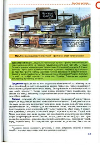 Кам ’яне вугілля...
С
Амоніакова вода, кам'яновугільна
Z смола, кокс, коксовий газ
^ (Нг,СН„СО,М„СгН«,
СО„СвНв,МНз,Н,3) .
Мал. 9.7. Газифікація кам’яного вугілля - ефективний спосіб його переробки
Дізнайтеся більше... Підземна газифікація вугілля - фізико-хімічний процес
перетворення вугілля на горючий газуватий енергоносій (СО, СН4, Нг тощо)
безпосередньо в земних надрах. Ідея підземної газифікації належить Д. І. Мен­
делєєву. Перша у світі промислова станція підземної газифікації вугілля стала
до ладу 1937 року в Горлівці (Донбас). Наукові дослідження з підземної гази­
фікації в Україні,здійснюють у Державній гірничій академії України, Інституті
геології та геохімії горючих копалин НАН України, Донецькому науково-
дослідному вугільному інституті.
Зрідження вугілля має на меті подолання відмінностей у хімічному скла­
ді вугілля й нафти, тобто збільшення частки Гідрогену. Гідрогенізацією ву­
гілля можна добути синтетичну нафту. Використання каталізаторів збіль­
шує вихід продукту. Однак існує низка технологічних складнош,ів, ш;о
стають на заваді масовому запровадженню цього перспективного способу
переробки вугілля.
Паливо - природні або синтетичні речовини, спалювання^ яких супрово­
джується виділенням великої кількості теплової енергії, з найдавніших ча­
сів люди навчилися використовувати різні види палива для обігріву житла
і приготування їжі, згодом - для випалювання глини, виплавляння металів
і виготовлення з них предметів побуту, інструментів, зброї тощо, з розвит­
ком цивілізації потреба в тепловій енергії стрімко зростала. Наразі най­
більш поширені такі види палива, що видобувають промисловим способом:
нафта і нафтопродукти (гас, бензин, мазут, дизельне паливо), вугілля, при­
родний горючий газ, деревина і рослинні відходи (солома, лушпиння тощо),
торф, горючі сланці. Більше уявлень про основні види палива і їхню тепло-
^Паливом також називають речовини, з яких добувають енергію в інший
спосіб: у ядерних реакторах, новітніх ракетних двигунах.
53
 