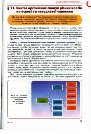 Синтез органічних сполук...
§11. Синіез органічних сполук рівних класів
на основі вуглеводневої сировини
Що таке органічний синтез? Яку вуглеводневу сировину використовують
у основному органічному синтезі? Які продукти первинної переробки
вуглеводневої сировини є основою подальшого органічного синтезу?
Для чого застосовують продукти органічного синтезу?
Опрацювавши цей параграф, ви пригадаєте суть поняття «синтез», перші синтези
органічних речовин, найважливіші продукти перегонки нафти іпереробки кам'яного
вугілля, деякі класи органічних сполук, зможете навести приклади синтезів ор­
ганічних сполук на основі вуглеводневої сировини, схарактеризувати природну
вуглеводневу сировину як джерело добування органічних сполук, висловлювати
судження щодо значення синтетичних методів добування органічних речовин.
Синтез - основа промислового виробництва органічних речовин. Орга­
нічний синтез - розділ органічної хімії і галузь хімічної технології. Йдеть­
ся про різні способи, методики, апаратуру для отримання органічних спо­
лук, матеріалів і виробів, а також сам процес одержання речовин і їхньої
ідентифікації. Сучасний органічний синтез надзвичайно багатогранний,
завдяки йому хіміки добувають найрізноманітніші сполуки. Основною
сировиною для їхнього одержання є вуглеводні {див. на с. 21 визначення
органічноі хімії, дане К. Шорлеммером).
Вуглеводні нафти, природного й супутнього нафтового газів, газів нафто­
переробки є сировиною для виробництва найважливіших синтетичних
продуктів: пластмас, каучуків і волокон, сечовини (карбаміду), мийних
засобів, клеїв, мастил і присадок, засобів захисту рослин, ліків, харчових
добавок, розчинників тош;о. Ці продукти користуються попитом як у буден­
ному житті, так і у новітніх галузях техніки.
Про основні продукти первинної переробки вуглеводневої сировини ви
дізнаєтеся зі схеми, наведеної на малюнку 11.1. Процеси переробки вугле-
Нжмчет
■угпекчім
Метан
Па{яфп)
Мал. 11.1. Основні
продукти первинної
переробки
вуглеводневої
сировини
ітенбетивен)
Вуглевпліігпі І/
сировина

Ненгм чені
цптваек^ Олефіни
Аром
•yrnmwi
0*ніеї-газ
 Ацєптем
65
 