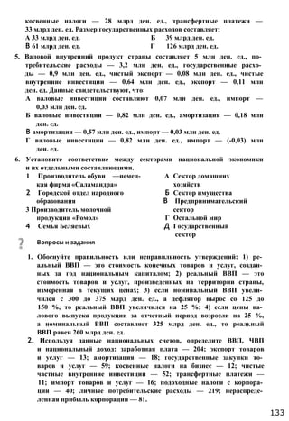косвенные налоги — 28 млрд ден. ед., трансфертные платежи —
33 млрд ден. ед. Размер государственных расходов составляет:
А 33 млрд ден. ед. Б 39 млрд ден. ед.
В 61 млрд ден. ед. Г 126 млрд ден. ед.
5. Валовой внутренний продукт страны составляет 5 млн ден. ед., по­
требительские расходы — 3,2 млн ден. ед., государственные расхо­
ды — 0,9 млн ден. ед., чистый экспорт — 0,08 млн ден. ед., чистые
внутренние инвестиции — 0,64 млн ден. ед., экспорт — 0,11 млн
ден. ед. Данные свидетельствуют, что:
А валовые инвестиции составляют 0,07 млн ден. ед., импорт —
0,03 млн ден. ед.
Б валовые инвестиции — 0,82 млн ден. ед., амортизация — 0,18 млн
ден. ед.
В амортизация — 0,57 млн ден. ед., импорт — 0,03 млн ден. ед.
Г валовые инвестиции — 0,82 млн ден. ед., импорт — (-0,03) млн
ден. ед.
6. Установите соответствие между секторами национальной экономики
и их отдельными составляющими.
1 Производитель обуви —немец- А Сектор домашних
кая фирма «Саламандра» хозяйств
2 Городской отдел народного Б Сектор имущества
образования В Предпринимательский
3 Производитель молочной сектор
продукции «Ромол» Г Остальной мир
4 Семья Беляевых Д Государственный
сектор
Вопросы и задания
1. Обоснуйте правильность или неправильность утверждений: 1) ре­
альный ВВП — это стоимость конечных товаров и услуг, создан­
ных за год национальным капиталом; 2) реальный ВВП — это
стоимость товаров и услуг, произведенных на территории страны,
измеренная в текущих ценах; 3) если номинальный ВВП увели­
чился с 300 до 375 млрд ден. ед., а дефлятор вырос со 125 до
150 %, то реальный ВВП увеличился на 25 %; 4) если цены ва­
лового выпуска продукции за отчетный период возросли на 25 %,
а номинальный ВВП составляет 325 млрд ден. ед., то реальный
ВВП равен 260 млрд ден. ед.
2. Используя данные национальных счетов, определите ВВП, ЧВП
и национальный доход: заработная плата — 204; экспорт товаров
и услуг — 13; амортизация — 18; государственные закупки то­
варов и услуг — 59; косвенные налоги на бизнес — 12; чистые
частные внутренние инвестиции — 52; трансфертные платежи —
11; импорт товаров и услуг — 16; подоходные налоги с корпора­
ции — 40; личные потребительские расходы — 219; нераспреде­
ленная прибыль корпорации — 81.
133
 