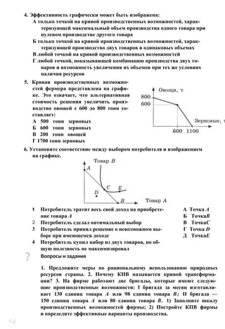 4. Эффективность графически может быть изображена:
А только точкой на кривой производственных возможностей, харак­
теризующей максимальный объем производства одного товара при
нулевом производстве другого товара
Б только точкой на кривой производственных возможностей, харак­
теризующей производство двух товаров в одинаковых объемах
В любой точкой на кривой производственных возможностей
Г любой точкой, показывающей комбинацию производства двух то­
варов и возможность увеличения их объемов при тех же условиях
наличия ресурсов
5. Кривая производственных возможно­
стей фермера представлена на графи­
ке. Это означает, что альтернативная
стоимость решения увеличить произ­
водство овощей с 600 до 800 тонн со­
ставляет:
А 500 тонн зерновых
Б 600 тонн зерновых
В 200 тонн овощей
Г 1700 тонн зерновых
6. Установите соответствие между выбором потребителя и изображением
на графике.
Потребитель тратит весь свой доход на приобрете- А Точка А
ние товара А Б ТочкаВ
Потребитель сделал оптимальный выбор В ТочкаС
Потребитель принял решение о невозможном вы- Г Точка D
боре при имеющемся доходе Д ТочкаЕ
Потребитель купил набор из двух товаров, но об­
щую полезность не максимизировал
Вопросы и задания
1. Предложите меры по рациональному использованию природных
ресурсов страны. 2. Почему КПВ называется кривой трансформа­
ции? 3. На фирме работают две бригады, которые имеют следую­
щие производственные возможности: I бригада за месяц изготавли­
вает 130 единиц товара А или 98 единиц товара В; II бригада —
150 единиц товара А или 80 единиц товара В. 1) Заполните шкалу
производственных возможностей фирмы; 2) Постройте КПВ фирмы
и определите эффективные варианты производства.
1
2
3
4
 