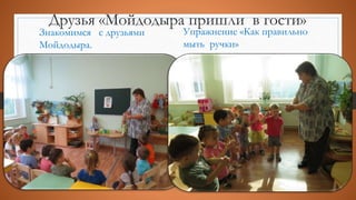 Друзья «Мойдодыра пришли в гости»
Знакомимся с друзьями
Мойдодыра.
Упражнение «Как правильно
мыть ручки»
 