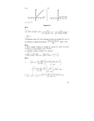 131
2. а) б)
3. y = 2
1
x
C e−
.
Вариант 8
ПС-1
1.
4 8
3 5(3 5)( 10 2)
3 5( 10 2)
⋅
− + − = =
− +
32
(3 5)(12 2 20)
=
− +
=
32
8
2 2
=
⋅
.
2. В первой стопке 150 ⋅ 0,32 тетрадей в клетку, во второй 210 ⋅ 0,2, то-
гда процент от общей массы равен:
150 0,32 210 0,2
360
⋅ + ⋅
⋅ 100% = 25%.
ПС-2
1. Пусть первая сторона 3x, вторая 4x, третья 5x, тогда 7x–5x=2x=
=3,4 см; x = 1,2 см, тогда P = 12x = 14,4 см;
S = ( 3 )( 4 )( 5 )
2 2 2 2
P P P Px x x− − − = 8,64 см2
.
2. {3,4 0,6 0,6
16,5 2,5(2 2,4) 1,5
x x x
x x
− − <
+ − ≥
; {1,8 0,6
6,5 19,5
x
x
<
≥ −
; x ∈
1
3;
3
⎡ ⎞
− ⎟⎢
⎣ ⎠
.
ПС-3
1.
1 1
32 2 3 3
3
23
23
4 4 2 2( 2 ) 2
2 :
2
4
a b a b a a b
b a
a b
b a
⎛ ⎞
⎛ ⎞ ⎜ ⎟− − + + −
⎜ ⎟− + =⎜ ⎟⎜ ⎟+ ⎜ ⎟⎝ ⎠ −⎝ ⎠
=
2 2 1
12 23 3 3
3 3
23
23
4 4 4 3
: ( 2 )
2
4
b a a b b
b b a
a b
b a
⎛ ⎞ ⎛ ⎞
⎜ ⎟ ⎜ ⎟− + − −
= −⎜ ⎟ ⎜ ⎟
+⎜ ⎟ ⎜ ⎟−⎝ ⎠ ⎝ ⎠
.
2. 2
2 2 1
0
2 11y yy
− − =
− +−
;
2
2
2( 1) 2(2 ) (2 )( 1)
0
(2 )( 1)
y y y y
y y
− − − − − −
=
− −
;
 