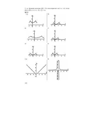 142
3. т.к. функция нечетная, f(0) = 0 и она возрастает на (–∞; +∞), тогда
|f(x)| ≥ f(3); x ∈ (–∞; –3] ∪ [3; +∞).
ПС-9
1.а) б)
в) г)
д) е)
2.а) б)
 