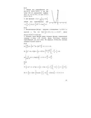 25
С–3
1. Общий вид первообразной для
f(x)=2x+4: F(x)=x2
+4x+C, а так как
точка В(–1;1) принадлежит графику
F(x), то 1=(–1)2
–4+С, то есть С=4 и
F(x)=x2
+4x+4.
2. Для функции ( )
1
cos
23 1
x
f x
x
= +
−
общий вид первообразных: при
( )
1 2
; : 3 1 2sin
3 3 2
x
x F x x C
⎛ ⎞
∈ ∞ = − + +⎜ ⎟
⎝ ⎠
.
C–4
1. Заштрихованная фигура – трапеция с основаниями 1 и 0,5х+1 и
высотой x. Так что S(x)= ( ) 21
1 0,5 1 0,25
2
x x x x+ + ⋅ = + . Далее
S'(x)=(x+0,25x2
)'=1+0,5x=f(x).
2. Площадь такой фигуры равна площади фигуры, ограниченной
линиями y=–2sinx, y=0, π≤x≤2π. Далее, F(x)=2cosx– является
первообразной для y(x)=–2sinx. По формуле S=F(b)–F(a) искомая
площадь S=2cos2π–2cosπ=4.
C–5
a) ( )
9 9 9
0,5 0,5
1,5
11 1
4
4 8 8 3 8 1 16
x
dx x dx x
x
−
= = = ⋅ − ⋅ =∫ ∫ ;
б) ( ) ( )
( )
1
3 31 1
22
5 5
5
4 5 1
8 16 4 42;
3 3 3
x
x x dx x dx
− −
−
⎛ ⎞+
⎜ ⎟+ + = + = = + =
⎜ ⎟
⎝ ⎠
∫ ∫
в) ( )
4
4
2
6
6
8 3 3
4ctg2 4 0 4 4
3 3sin 2
dx x
x
π
π
π
π
= − = − ⋅ + ⋅ =∫ .
C–6
а)
S=
1
31 1
2 2 2
1 1
1
( 2 4 2 ) 4 (1 ) 4
3
x
x x dx x dx x
− −
−
⎛ ⎞
− + − = ⋅ − = ⋅ −⎜ ⎟⎜ ⎟
⎝ ⎠
∫ ∫ =
1 1
4 1 1
3 3
⎛ ⎞
⋅ − + −⎜ ⎟
⎝ ⎠
=5
1
3
;
б) ( ) ( )
0
20 2
2
0
2 0
2
2 2cos 2 2sin 2 4 2 4.
2
x
S x dx dx x x
π
π
−
−
⎛ ⎞
= + + = + + = − + + =⎜ ⎟⎜ ⎟
⎝ ⎠
∫ ∫
 