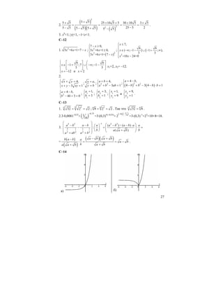 27
2.
( )
( )( ) ( )
2
22
5 55 5 25 10 5 5 30 10 5 3 5
25 5 25 5 5 5 5 5 5 5
++ + + + +
= = = =
−− − + −
.
3. x6
<1; |x|<1, –1<x<1.
C–12
1. 2
3 +6 +1=7x x x− ;
( )
2
22
7 0,
3 +6 +1 0,
3 +6 +1= 7
x
x x
x x x
⎧ − ≥
⎪
≥⎨
⎪ −⎩
;
2
7,
6 6
( ; 1 ] [ 1 ; ),
3 3
+10 24=0
x
x
x x
≤⎧
⎪⎪
∈ −∞ − − ∪ − + ∞⎨
⎪
−⎪⎩
6 6
1 ;7 ; 1
3 3
12 и 2
x
x x
⎧ ⎡ ⎤ ⎛ ⎤
⎪ ∈ − + ∪ −∞ − −⎜⎢ ⎥ ⎥⎜⎨ ⎢ ⎥ ⎥⎣ ⎦ ⎝ ⎦⎪ = − =⎩
x1=2, x2= –12.
2.
4,
3 1
x y
x y xy
⎧ + =
⎨
+ − =⎩
; ,x a
y b
=
=
; 2 2
4,
3 1
a b
a b ab
+ =⎧
⎨ + − =⎩
;
( ) ( )2 2
4 ,
4 3 4 1
a b
b b b b
= −⎧
⎨ − + − − ⋅ =⎩
2
4 ,
4 3 0
a b
b b
= −⎧
⎨ − + =⎩
; 1
1
1,
3
a
b
=⎧
⎨ =
⎩
; 2
2
3,
1
a
b
=⎧
⎨ =
⎩
; 1
1
1,
9
x
y
=⎧
⎨ =
⎩
и 2
2
9,
1
x
y
=⎧
⎨ =
⎩
.
C–13
1.
5 55
32 2 2= = ;
6 36
8 2 2= = . Так что 5 6
32 8= .
2.3⋅0,0081–0,25
+ ( )
0,75
1
16
−
=3⋅(0,3)4⋅(–0,25)
+
( ) ( )34
4
2
− ⋅ −
=3⋅(0,3)–1
+23
=10+8=18.
3.
12 2 2 2
3 1 1 1
2 2 2 2
( ) ( )
:
( )
a b a b a a b a b a a
b ba a b
a ab a b
−⎛ ⎞
⎛ ⎞− − − − − ⋅⎛ ⎞⎜ ⎟− = ⋅ =⎜ ⎟⎜ ⎟⎜ ⎟ ⎜ ⎟+⎝ ⎠⎜ ⎟ ⎝ ⎠
+ +⎝ ⎠
=
( )
( )
( )( )a b a bb a b a
a b
b a ba a b
− +−
⋅ = = −
++
.
C–14
a) б)
 