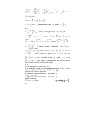 70
1 1
+ ;
2 2
y y< −
2
1 1+ 0,
2 2
0,
1 1+ ;
2 2
y
y
y y
⎧ ≥
⎪
− ≥⎨
⎪ <
⎩
2
1,
0,
2 1 0;
y
y
y y
⎧ ≥ −⎪
≤⎨
⎪ − − <⎩
1,
0,
1 1;
2
y
y
y
⎧ ≥ −⎪
≤⎨
⎪− < <
⎩
1
1;
2
y− < ≤ −
1
log 5 1;
2 x
− < ≤ −
1) 0<x<1:
1 1
5 ;
xx
> ≥
1 1
;
25 5
x< <
2) x>1:
1 1
5
xx
< < – неверно ни при каких x>1. Значит
1 1
;
25 5
x
⎛ ⎤
∈⎜ ⎥
⎝ ⎦
.
С–21
а)
2
4
2 2 1
1 6log ,
;
2 2x x
x y
y y +
⎧ = +⎪
⎨
= ⋅ +⎪⎩
решаем второе уравнение: 2x
=t; 2t+yt–y2
=0;
3
;
4
y y
t
− ±
= t1=–y, 2 2
y
t = , то есть y=–2x
или y=2x+1
, но y>0, так что
1
2
2
2 ,
;
1 3log
x
y
x y
+⎧ =⎪
⎨ = +⎪⎩ ( )
1
2
2 ,
;
1 3 1
x
y
x x
+⎧ =
⎨
= + +⎩
1
2
2 , ;
3 4 0
x
y
x x
+⎧ =
⎨
− − =⎩
1
1
1,
1
x
y
=⎧
⎨ =
⎩
и 2
2
4,
32.
x
y
=⎧
⎨ =
⎩
б) ( )
1
2
2
2 1 9,;
y
x
x y x y
+⎧
⎪ + =⎨
⎪ + = +⎩
решаем второе уравнение; 2
x y x y+ = + ;
x+y2
=x2
+y2
+2xy; x(x+2y–1)=0; x=0 или x=1–2y; при x=0: (20
+1)2y+1
=9;
1 9
2 ;
2
y+
=
2
9
1 log ;
2
y+ = y=2log23–2; при x=1–2y: (21–2y
+1)2y+1
=9; 2y
=t;
2
2
1 2 9;t
t
⎛ ⎞
+ =⎜ ⎟
⎝ ⎠
4
2 9;t
t
+ = 2t2
–9t+4=0; t1=4; 2
1
2
t = ; 2y
=4 и
1
2
2
y
= ; y1=2 и
y2=–1; x1=–3 а x2=3; Но пара (2;–3) не проходит, так как x+y должно
быть больше нуля. Так что (0;2log32–2) и (3;–1).
C–22
1. а) не обратима, так как y(–1)=y(1)=–2;
б) не обратима, так как это непрерывная функция и y(–3)<0 a y(0)>0
значит найдется x1<0, что y(x1)=0, но
y(1)=0=y(x1). Значит не обратима;
в) Обратима, так как значение y в различных
точках – различны;
г) Обратима, так как значение y в различных
точках различны.
2. Может: см. график.
 