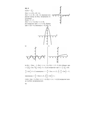 94
ПС–9
а) f(x) = 2
x
− ;
D(x) = (–∞; 0) ∪ (0; +∞);
E(y) = (–∞; 0) ∪ (0; +∞); функция воз-
растает всюду на D(x), экстремумы от-
сутствуют;
б) f(x) = 9 – x2
;
D(x) = (–∞; +∞); E(y) = (–∞; 9];
f(x) возрастает при x ∈ (–∞; 0], убывает
при x ∈ [0; +∞), максимум x = 0; y(0) = 9;
в) г)
в) f(x) = 2sinx – 1; D(x) = (–∞; +∞); E(y) = [–3; 1]; f(x) убывает при
x ∈ ( )32 ; 2
2 2
n nπ π+ π + π , k ∈ Z; f(x) возрастает при x ∈ ( 2 ;
2
kπ− + π
2
2
k
π ⎞
+ π ⎟
⎠
, k ∈ Z; минимумы x =
2
π
− + 2πn, n ∈ Z; 32
2
−=⎟
⎠
⎞
⎜
⎝
⎛
π+
π
− nf ,
максимумы x =
2
π
+ 2πk, k ∈ Z; 12
2
=⎟
⎠
⎞
⎜
⎝
⎛
π+
π
kf ;
г) f(x) = ln(x + 1); D(x) = (–1; + ∞); E(y) = (–∞; + ∞); f(x) возрастает всю-
ду на D(x); экстремумов нет.
 