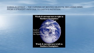 CORIOLIS EFFECT – THE CURVING OF MOVING OBJECTS, INCLUDING WIND,
FROM A STRAIGHT PATH DUE TO EARTH’S ROTATION.
 