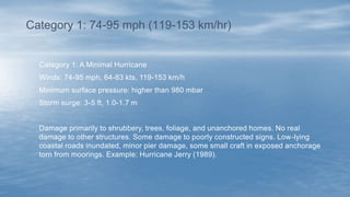 Category 1: A Minimal Hurricane
Winds: 74-95 mph, 64-83 kts, 119-153 km/h
Minimum surface pressure: higher than 980 mbar
Storm surge: 3-5 ft, 1.0-1.7 m
Damage primarily to shrubbery, trees, foliage, and unanchored homes. No real
damage to other structures. Some damage to poorly constructed signs. Low-lying
coastal roads inundated, minor pier damage, some small craft in exposed anchorage
torn from moorings. Example: Hurricane Jerry (1989).
Category 1: 74-95 mph (119-153 km/hr)
 