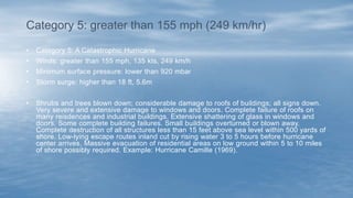 • Category 5: A Catastrophic Hurricane
• Winds: greater than 155 mph, 135 kts, 249 km/h
• Minimum surface pressure: lower than 920 mbar
• Storm surge: higher than 18 ft, 5.6m
• Shrubs and trees blown down; considerable damage to roofs of buildings; all signs down.
Very severe and extensive damage to windows and doors. Complete failure of roofs on
many reisdences and industrial buildings. Extensive shattering of glass in windows and
doors. Some complete building failures. Small buildings overturned or blown away.
Complete destruction of all structures less than 15 feet above sea level within 500 yards of
shore. Low-lying escape routes inland cut by rising water 3 to 5 hours before hurricane
center arrives. Massive evacuation of residential areas on low ground within 5 to 10 miles
of shore possibly required. Example: Hurricane Camille (1969).
Category 5: greater than 155 mph (249 km/hr)
 