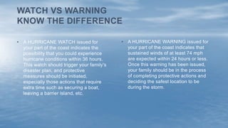 • A HURRICANE WARNING issued for
your part of the coast indicates that
sustained winds of at least 74 mph
are expected within 24 hours or less.
Once this warning has been issued,
your family should be in the process
of completing protective actions and
deciding the safest location to be
during the storm.
• A HURRICANE WATCH issued for
your part of the coast indicates the
possibility that you could experience
hurricane conditions within 36 hours.
This watch should trigger your family's
disaster plan, and protective
measures should be initiated,
especially those actions that require
extra time such as securing a boat,
leaving a barrier island, etc.
WATCH VS WARNING
KNOW THE DIFFERENCE
 